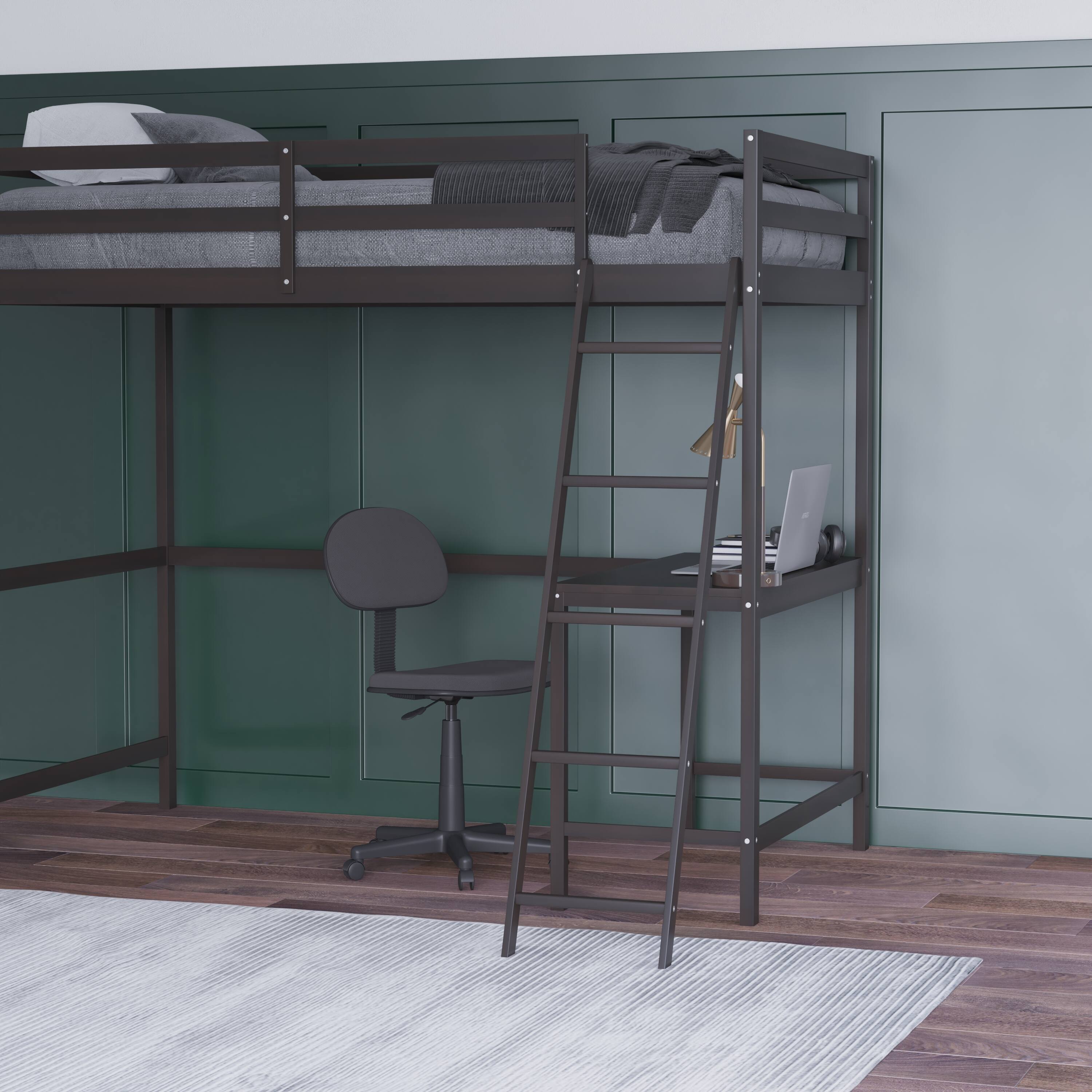 Alt View 4. Emma + Oliver - Wooden Loft Bed Frame with Integrated Desk and Ladder - Espresso.