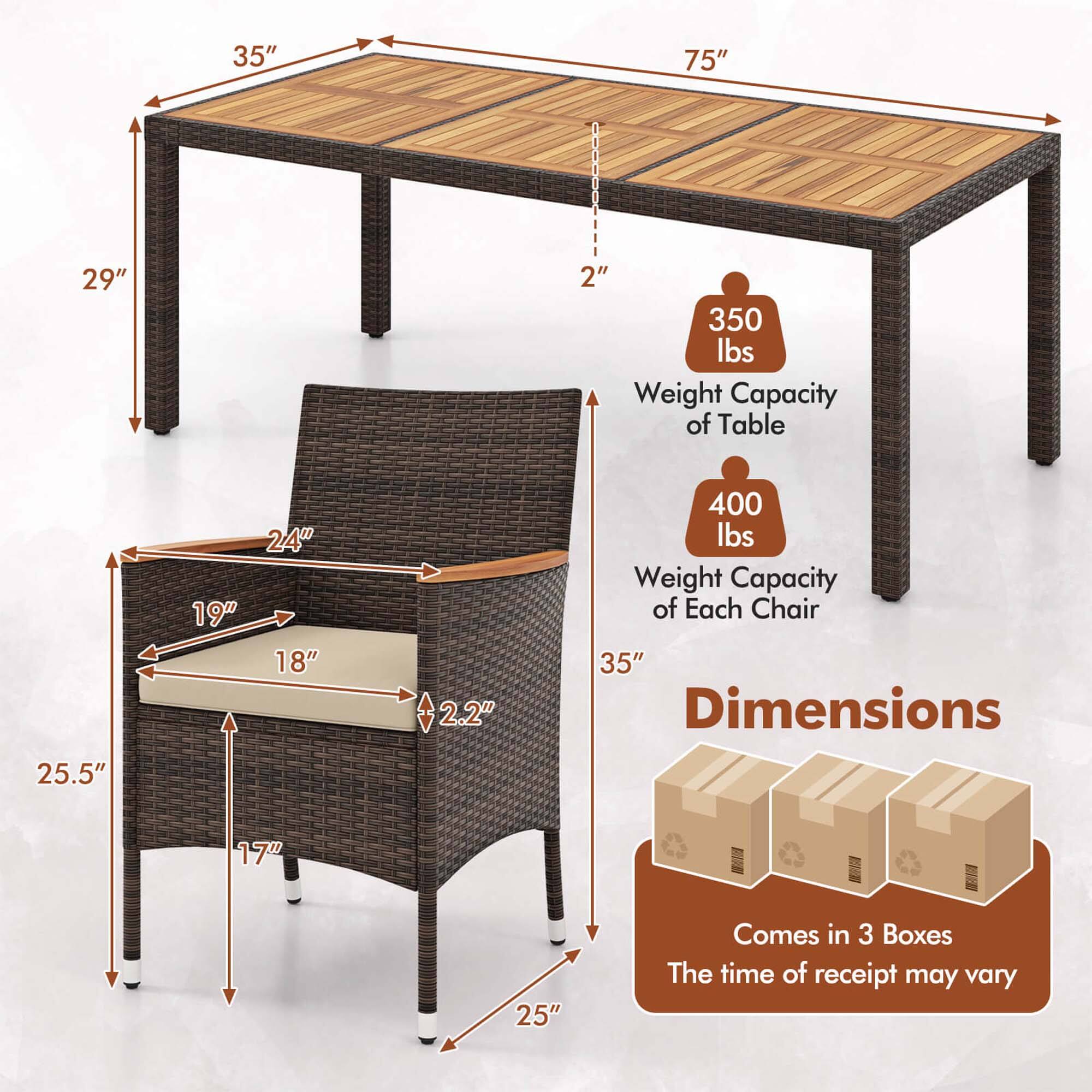 The image features a table and chair set, with the table being 35" in length and 75" in width. The chair is 29" in width and 2" in height. The table has a weight capacity of 350 lbs, while each chair has a weight capacity of 400 lbs. The dimensions of the chair are 25.5" in width, 24" in height, and 19" in depth. The chair comes in three boxes, and the time of receipt may vary.