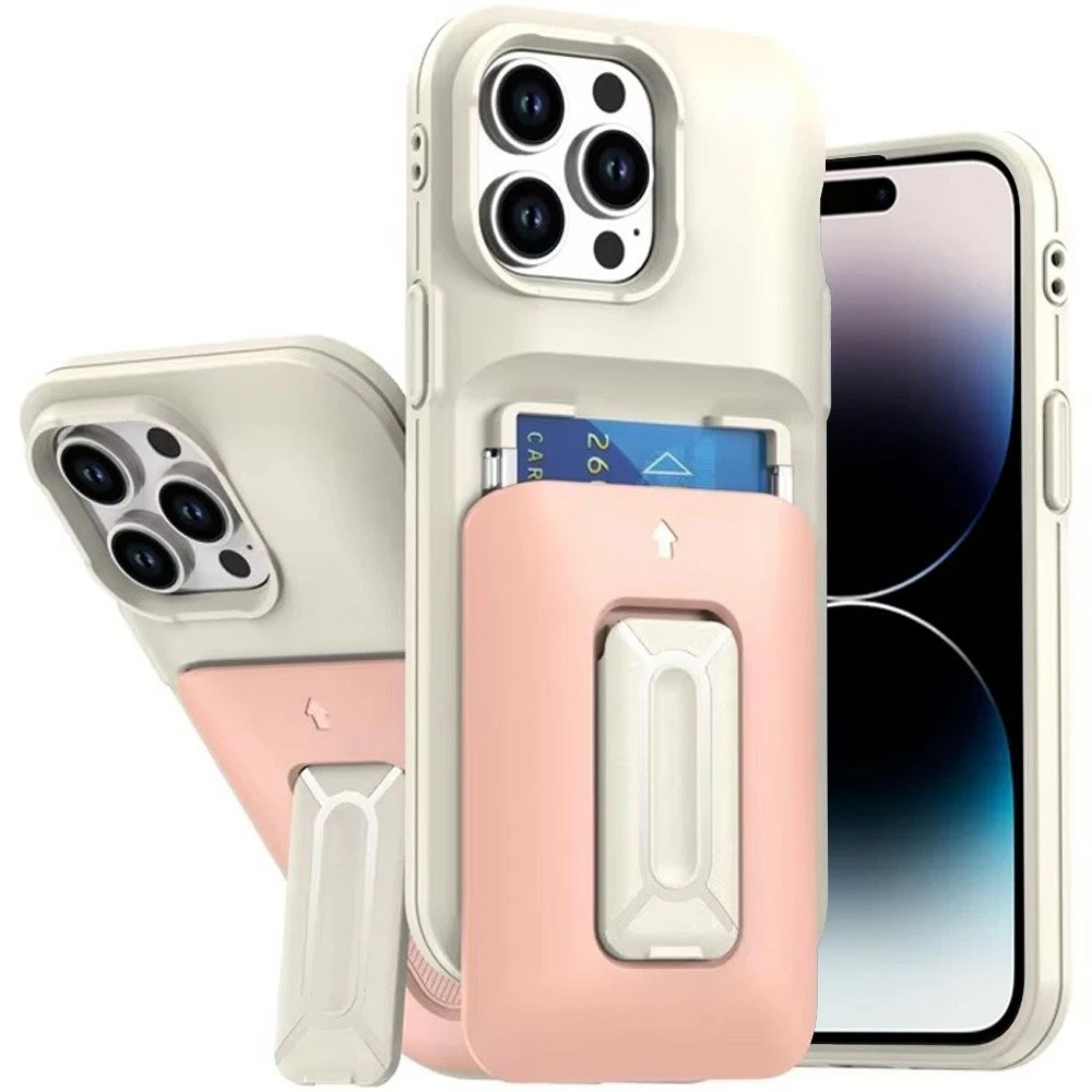 Kitcheniva - Wallet Card Holder Kickstand Case With Strap For iPhone 14 Pro Max - Beige/Light Pink