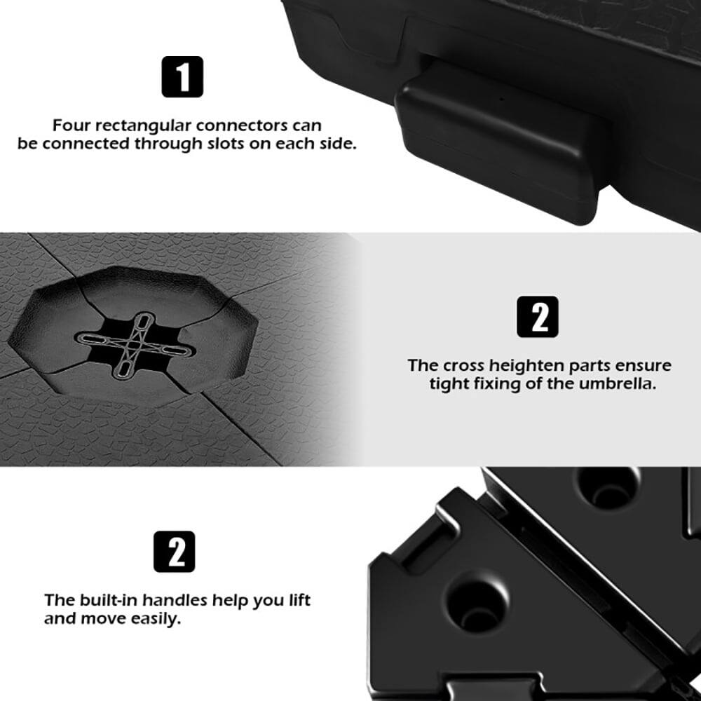 1. Four rectangular connectors can be connected through slots on each side.

2. The cross heighten parts ensure tight fixing of the umbrella.

2. The built-in handles help you lift and move easily.