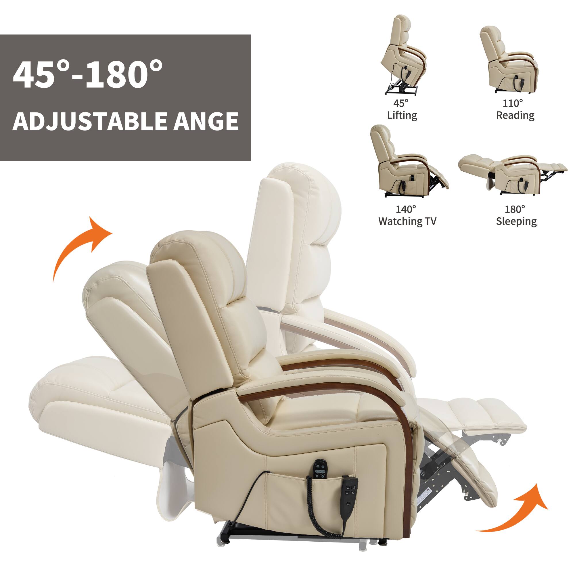 45°-180°  
ADJUSTABLE ANGLE  

45° Lifting  
110° Reading  
140° Watching TV  
180° Sleeping