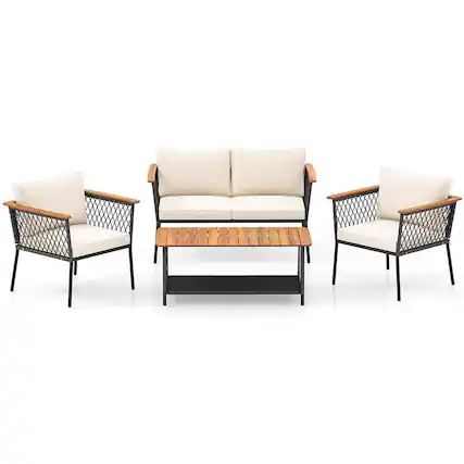 Front. Boyel Living - 4 Piece Patio Rattan Furniture Set with 2-Tier Coffee Table - White.