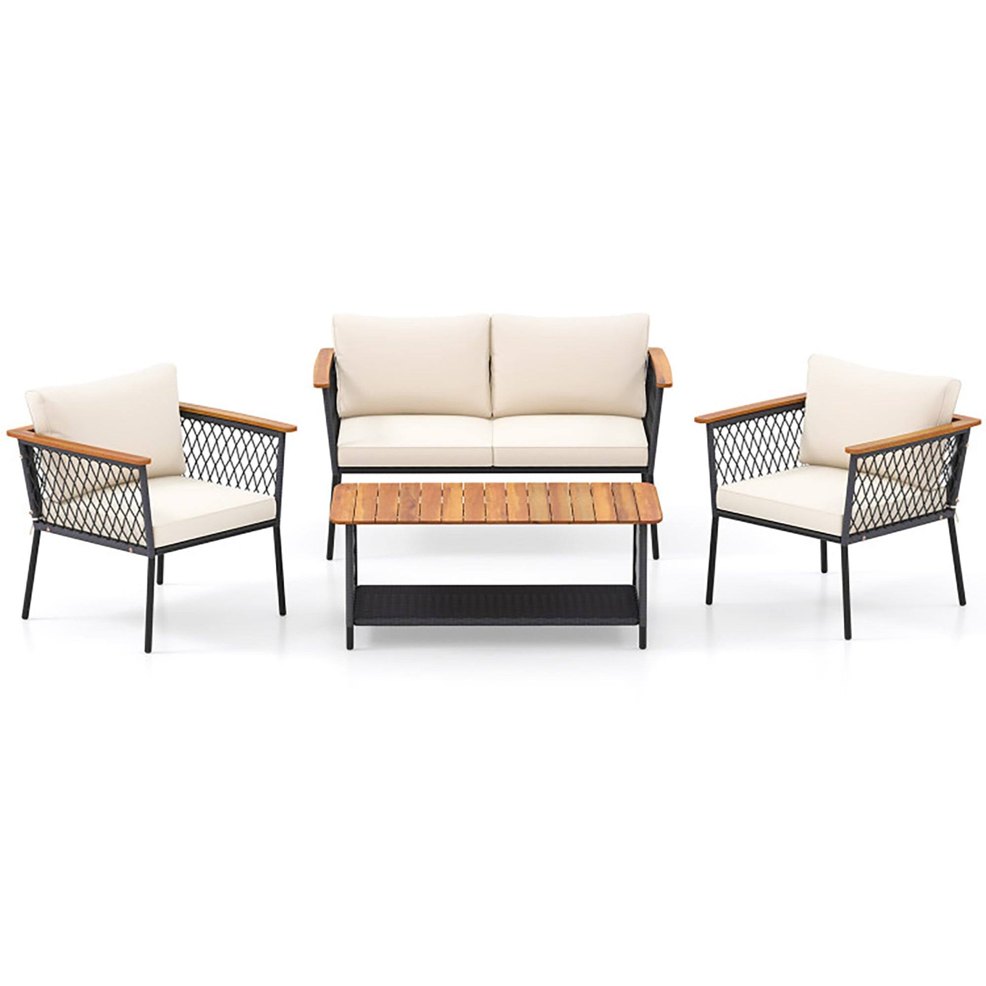 Front. Boyel Living - 4 Piece Patio Rattan Furniture Set with 2-Tier Coffee Table - White.