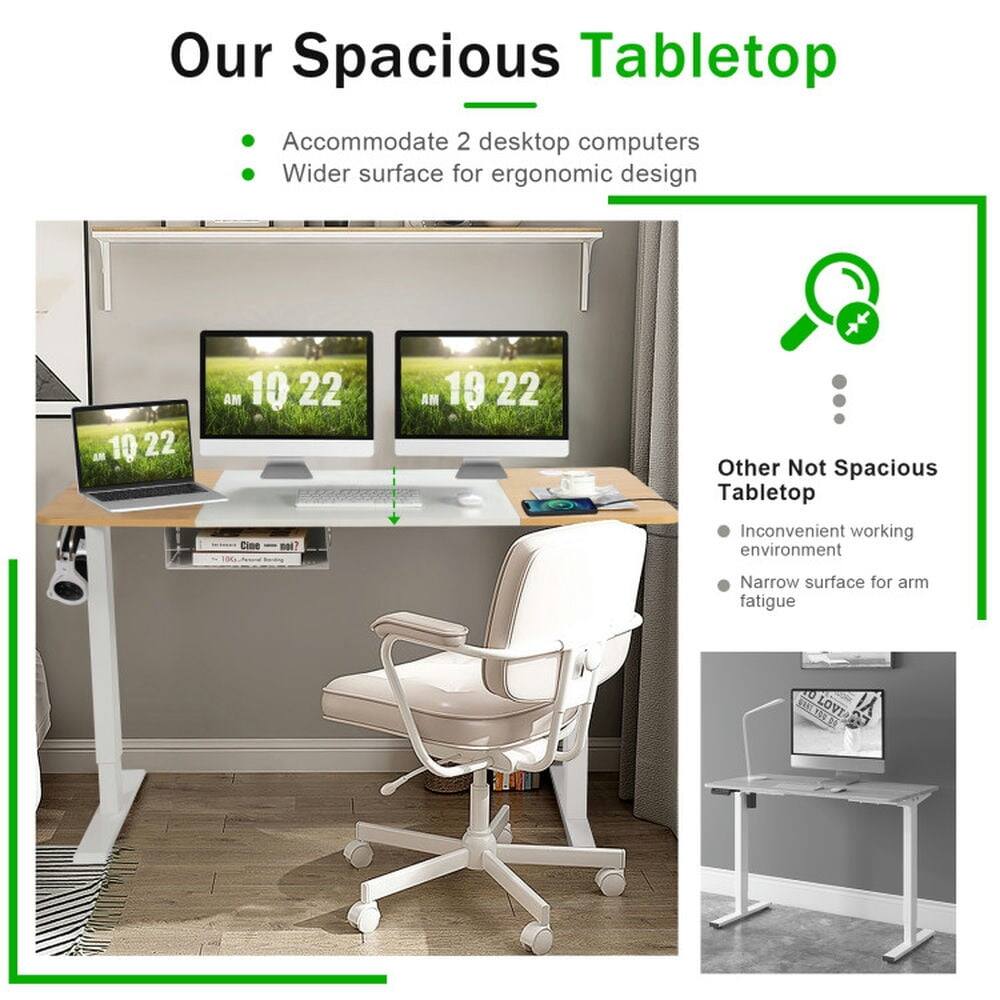 Our Spacious Tabletop  
- Accommodate 2 desktop computers  
- Wider surface for ergonomic design  

Other Not Spacious Tabletop  
- Inconvenient working environment  
- Narrow surface for arm fatigue