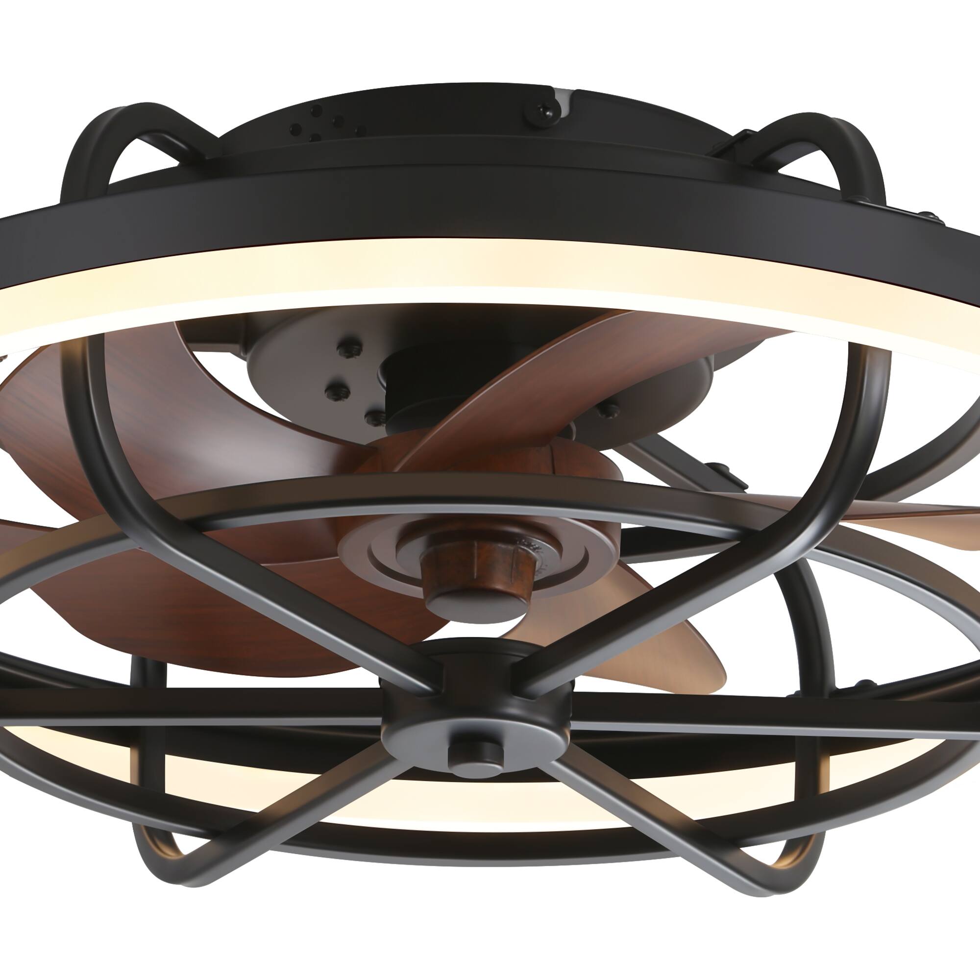Alt View 1. Breezary - Breezary 19.7-In Flush Mount Cage Ceiling Fan with 5 Blades, 3-Color Light, 6-Speed Remote Control, Timer with Memory - Matte Black and Wood Grain.