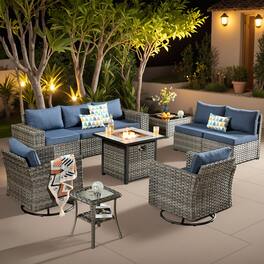 Ovios - 10 PCS Outdoor Patio Furniture Sectional Sofa Set with Swivel Chairs & 30“ Fire Pit Table - Denim Blue