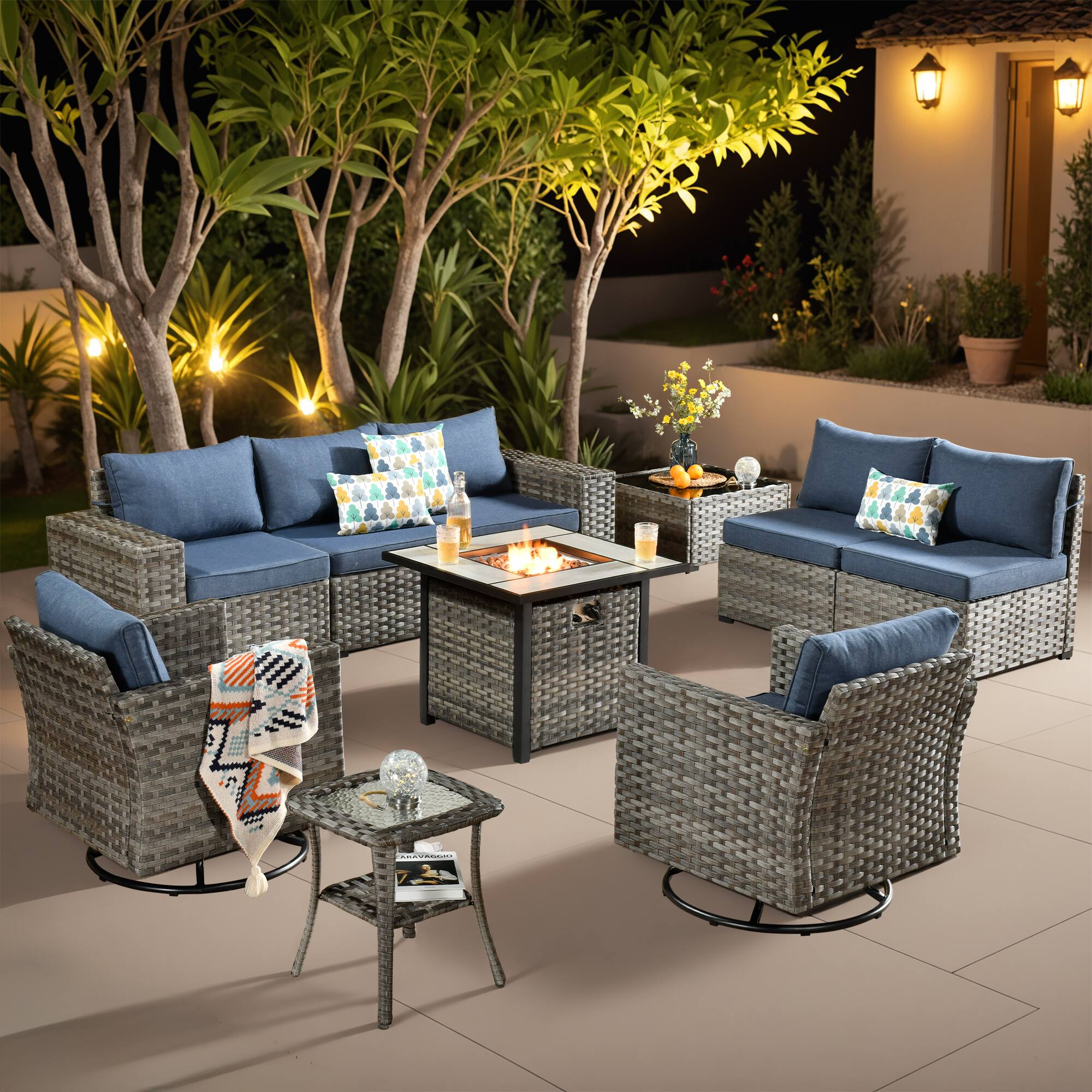 Front. Ovios - 10 PCS Outdoor Patio Furniture Sectional Sofa Set with Swivel Chairs & 30“ Fire Pit Table - Denim Blue.