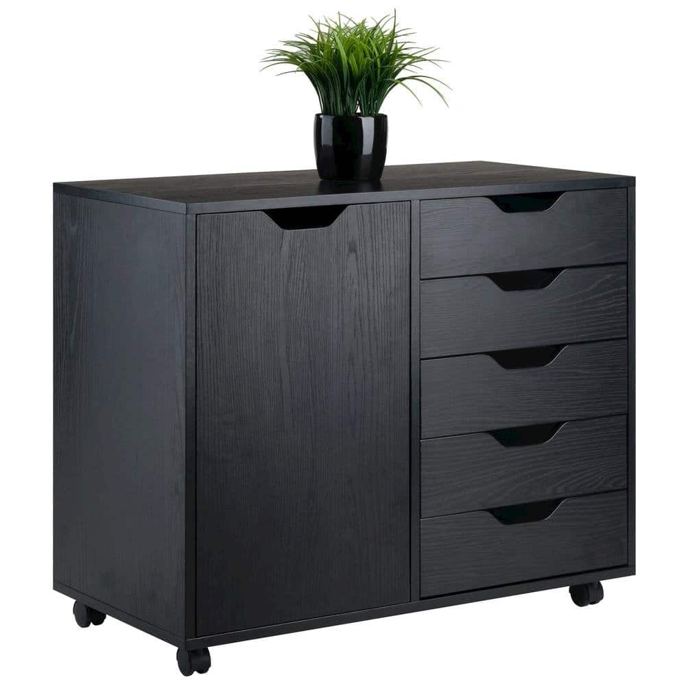 FurniFact - Composite Wood Office Storage Cabinet with Drawers and Locking Casters - Black