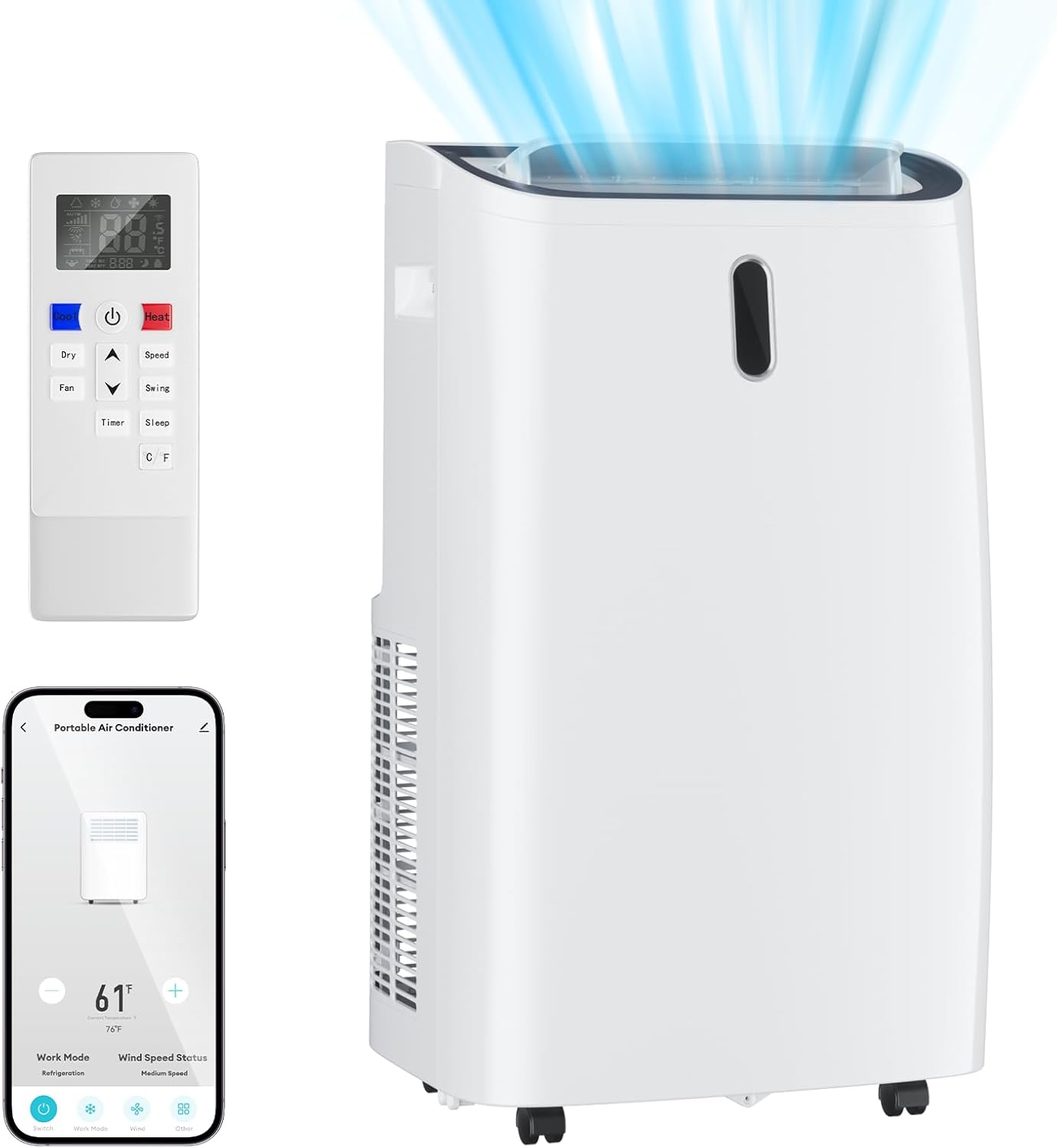 383 Gool Heat Dry Fan and Air Conditioner - Portable Air Conditioner

- Work Mode: Refrigeration
- Wind Speed Status: Medium Speed
- Temperature: 61°F
- Timer, Sleep, Dry, Fan, Speed, Swing, Heat
- Control via Remote and App