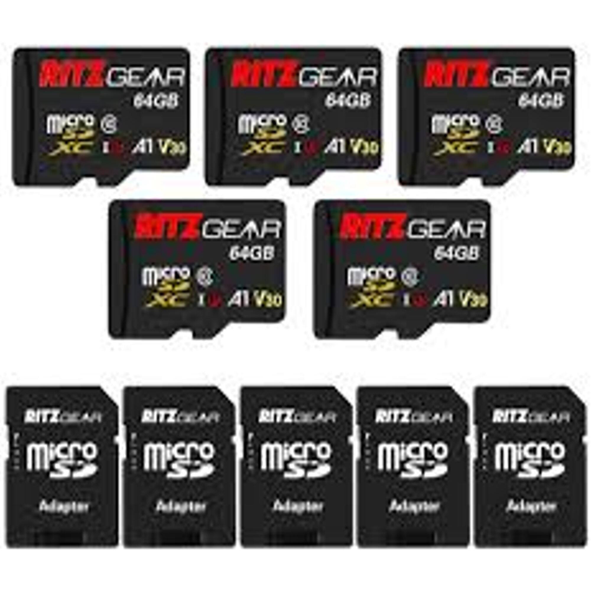 RITZ GEAR RITZ GEAR 64GB 64GB 64GB micro C Micro XC I A1 Vao XC I A1 Vao RITZ GEAR 64GB 64GB Micro @ Micro XC T Al V10 RITZ micro SP Adapter RITZ micro SP Adapter RITZ micro SP Adapter RITZ RITZ GEAR micro SP misro SP Adaptor Anaper