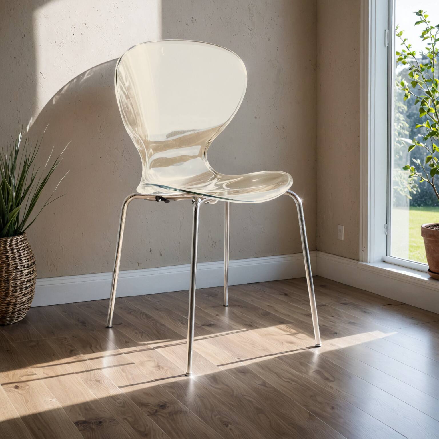 Angle. LeisureMod - Oyster 2-PCS Transparent Modern Dining Chair - Polycarbonate Stackable Side Chair with Chrome Legs - Amber.