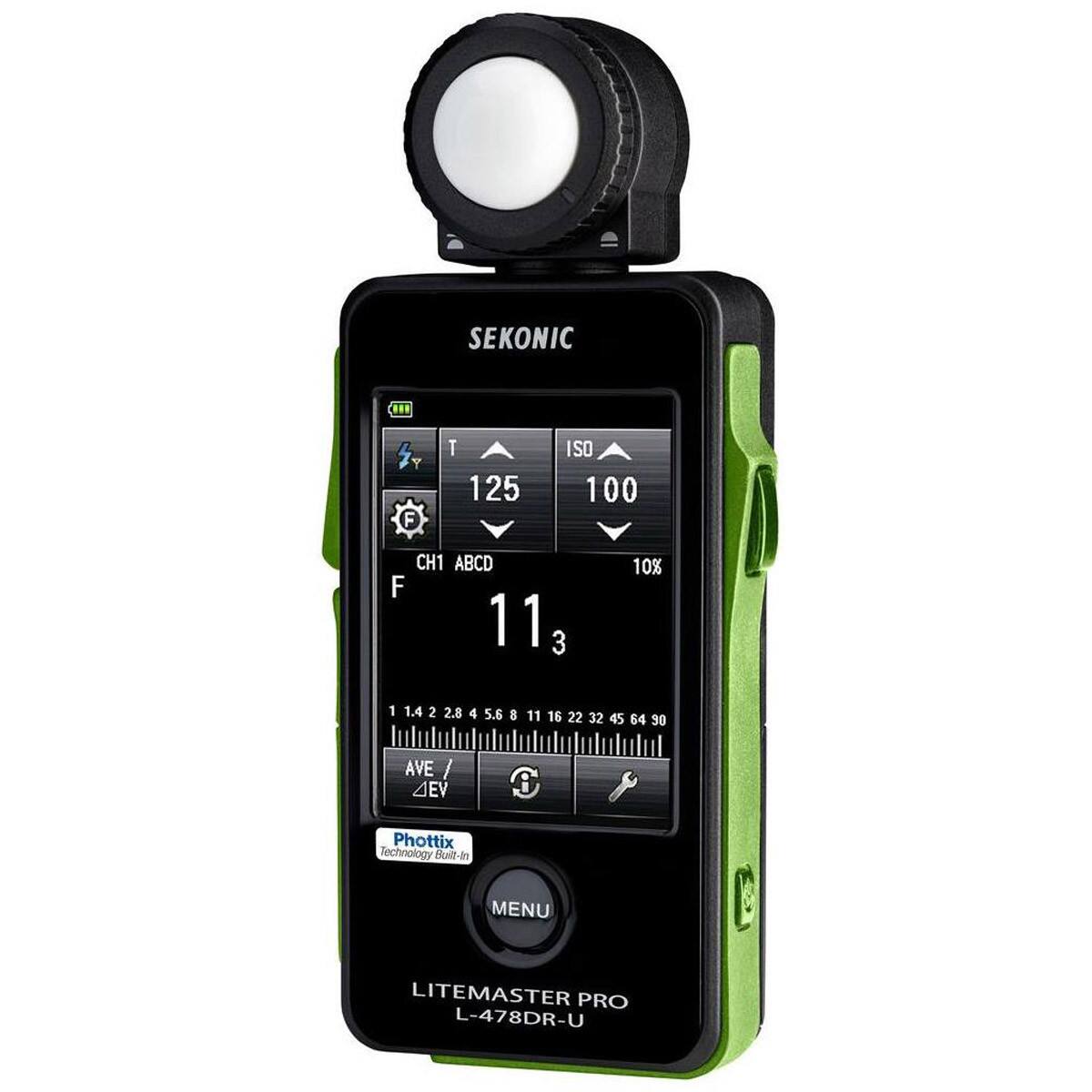 SEKONIC  
Y F T 125 ISO 100  
CH1 ABCD  
F 11  
3  
10%  
1 1.4 2 2.8 4 5.6 8 11 16 22 32 45 64 90  
AVE / 4EV  
C  
Phottix Technology Built-in  
MENU  
LITEMASTER PRO L-478DR-U