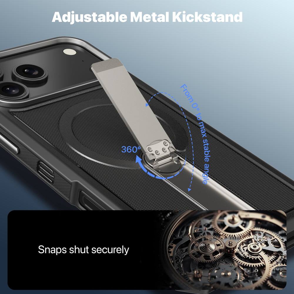 Adjustable Metal Kickstand  
360°  
From 0° to max stable angle  
Snaps shut securely
