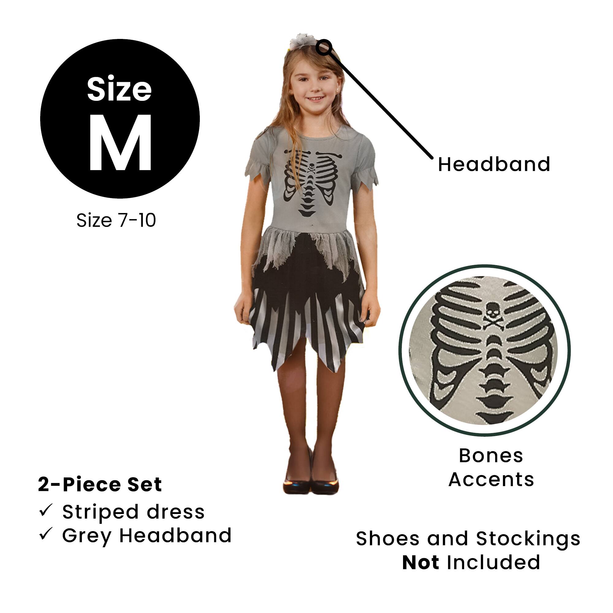Size M  
Size 7-10  

2-Piece Set  
✓ Striped dress  
✓ Grey Headband  

Headband  

Bones Accents  

Shoes and Stockings Not Included