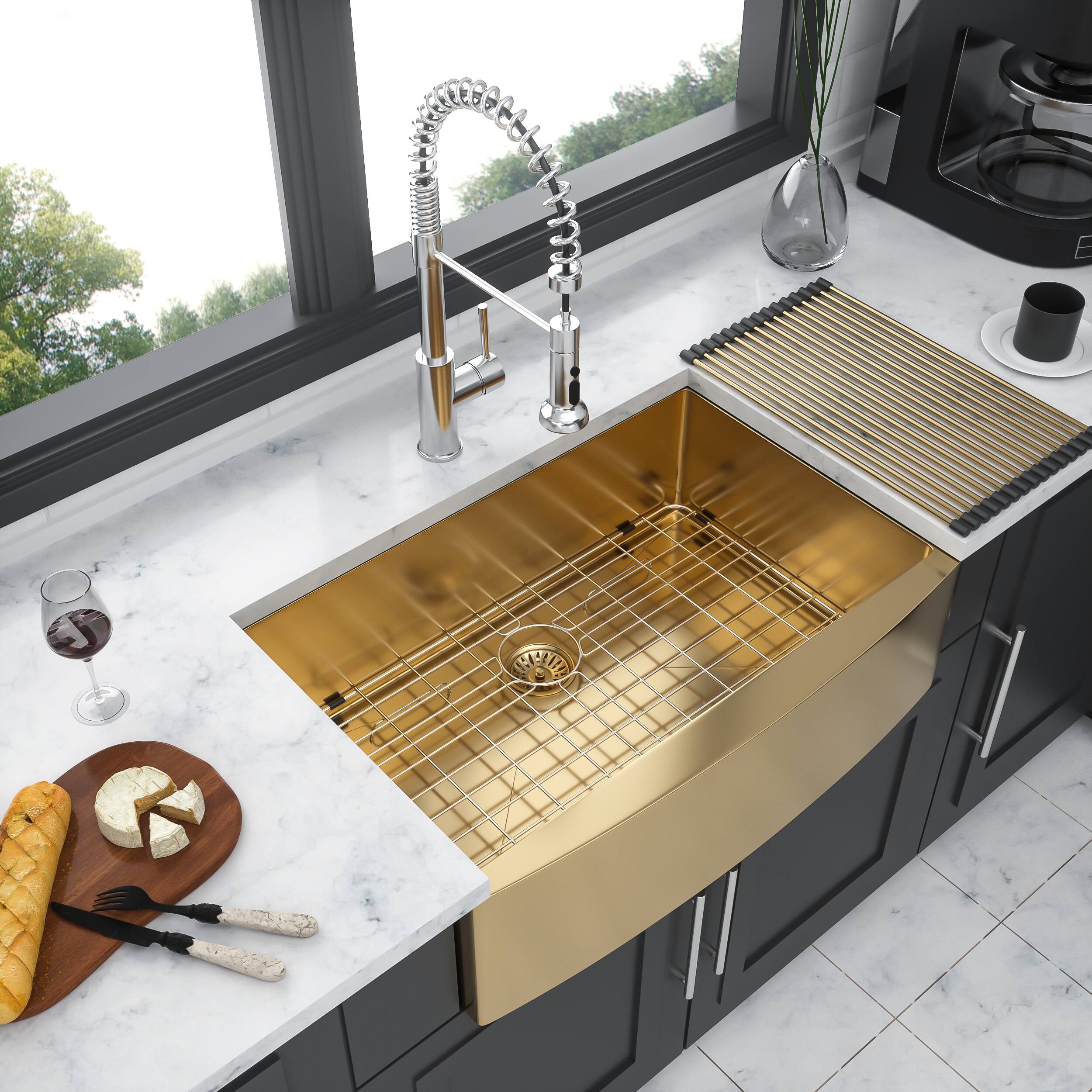 Angle. Siljoy - Gold Farmhouse Sink - 36 Inch Kitchen Sink Stainless Steel 16 gauge Apron Front Kitchen Sink - Gold.