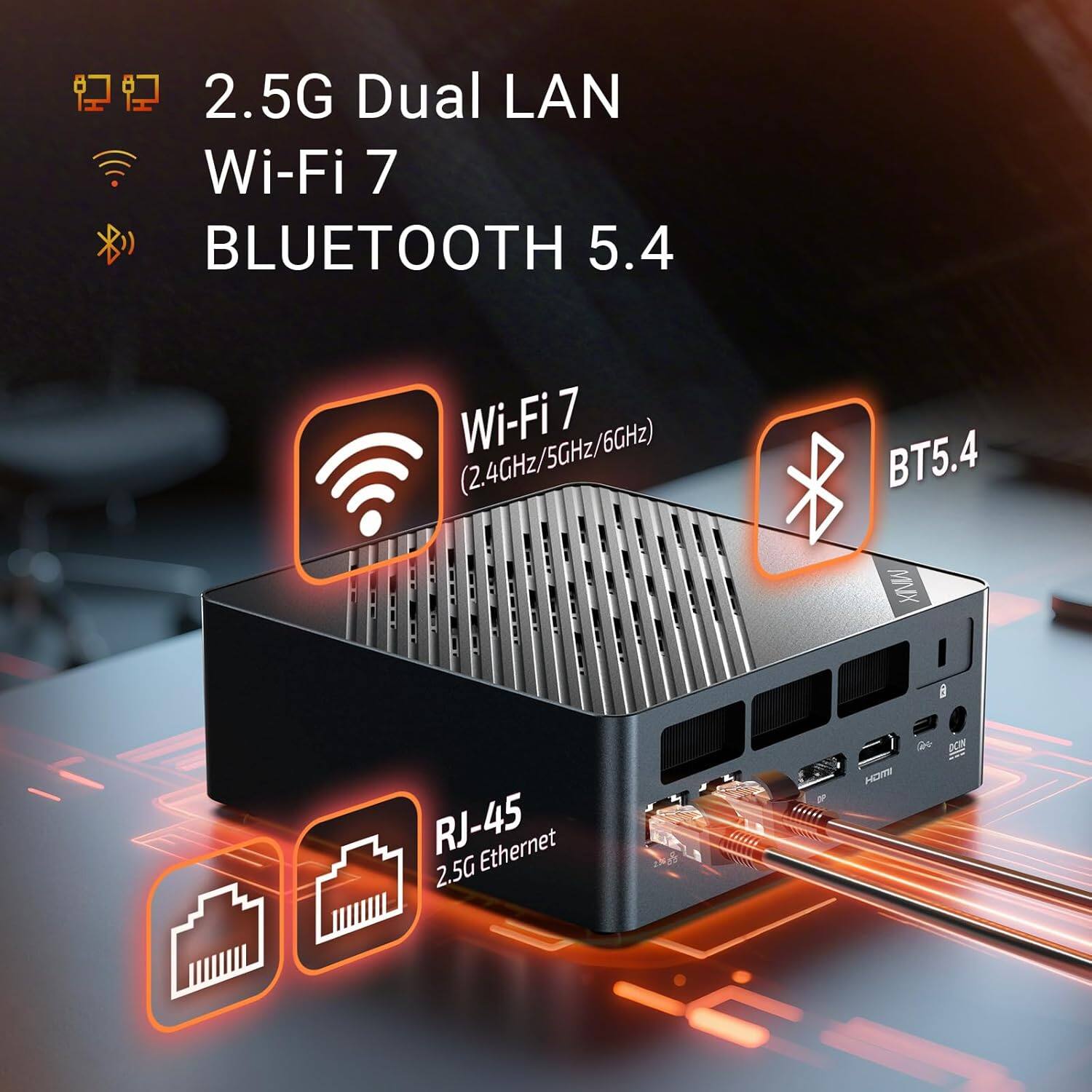 2.5G Dual LAN  
Wi-Fi 7  
BLUETOOTH 5.4  

Wi-Fi 7 (2.4GHz/5GHz/6GHz)  
BT5.4  

RJ-45  
2.5G Ethernet