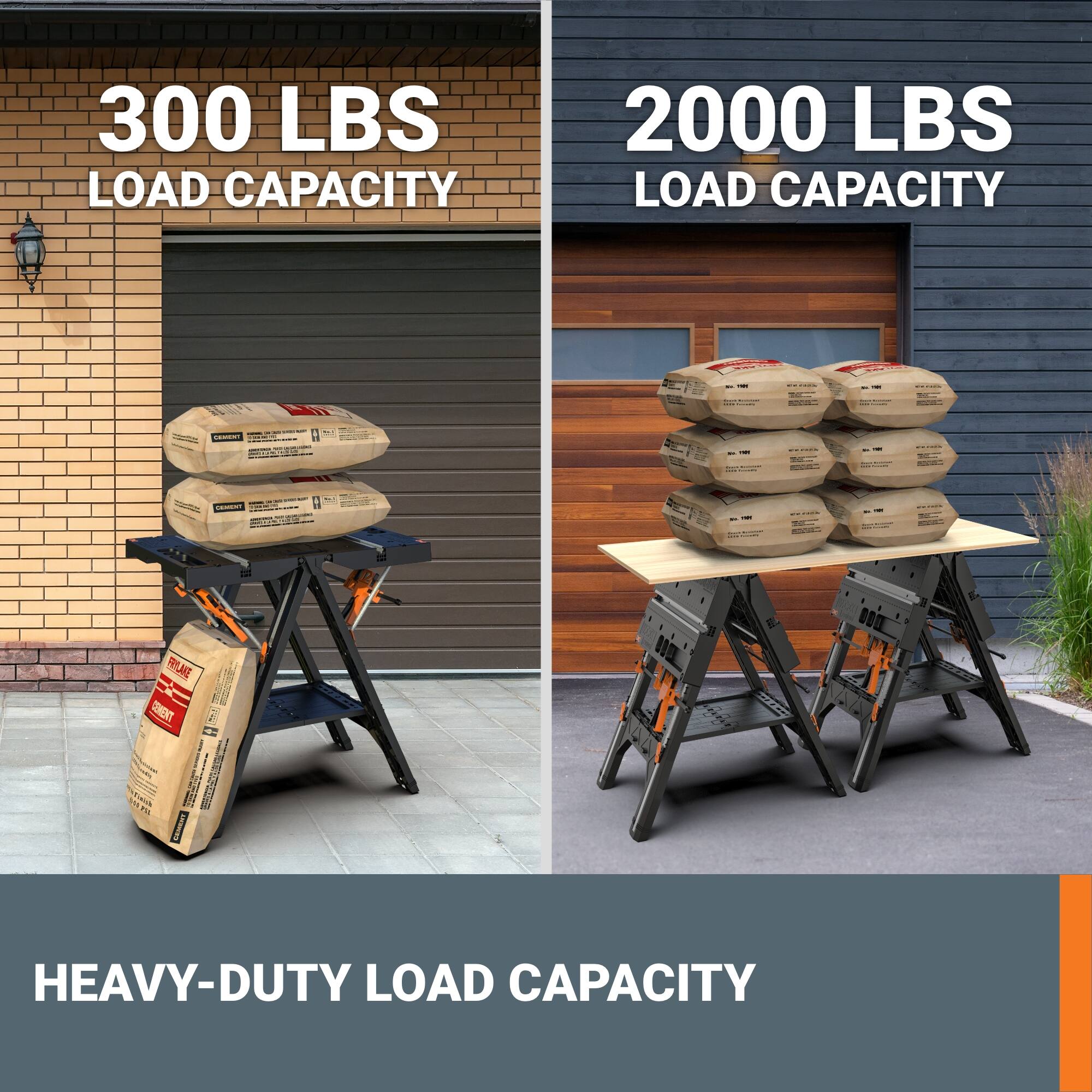 The text on the image is grouped and corrected as follows:

300 LBS LOAD CAPACITY 2000 LBS LOAD CAPACITY

HEAVY-DUTY LOAD CAPACITY