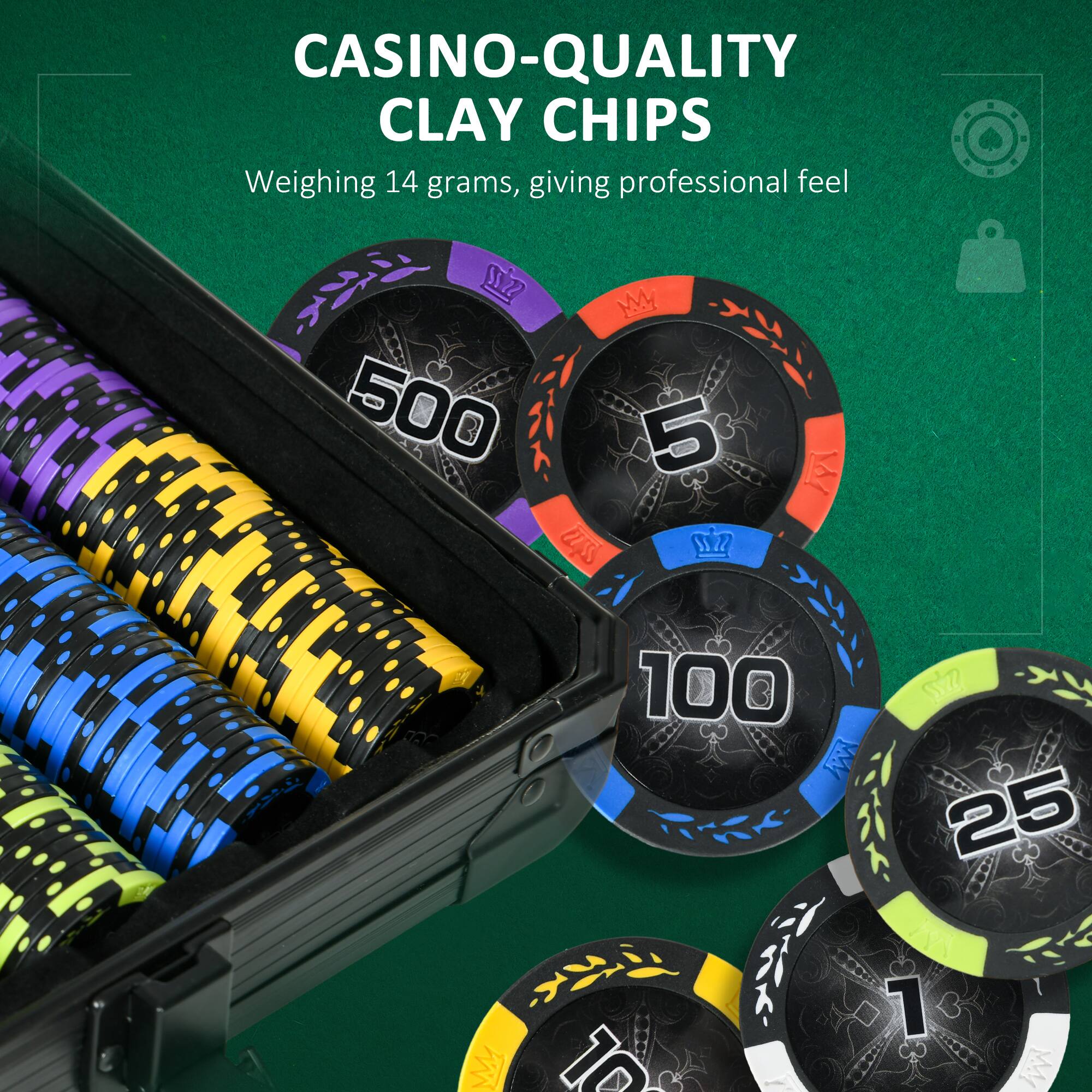 CASINO-QUALITY CLAY CHIPS
Weighing 14 grams, giving professional feel
500
5
100
25
1