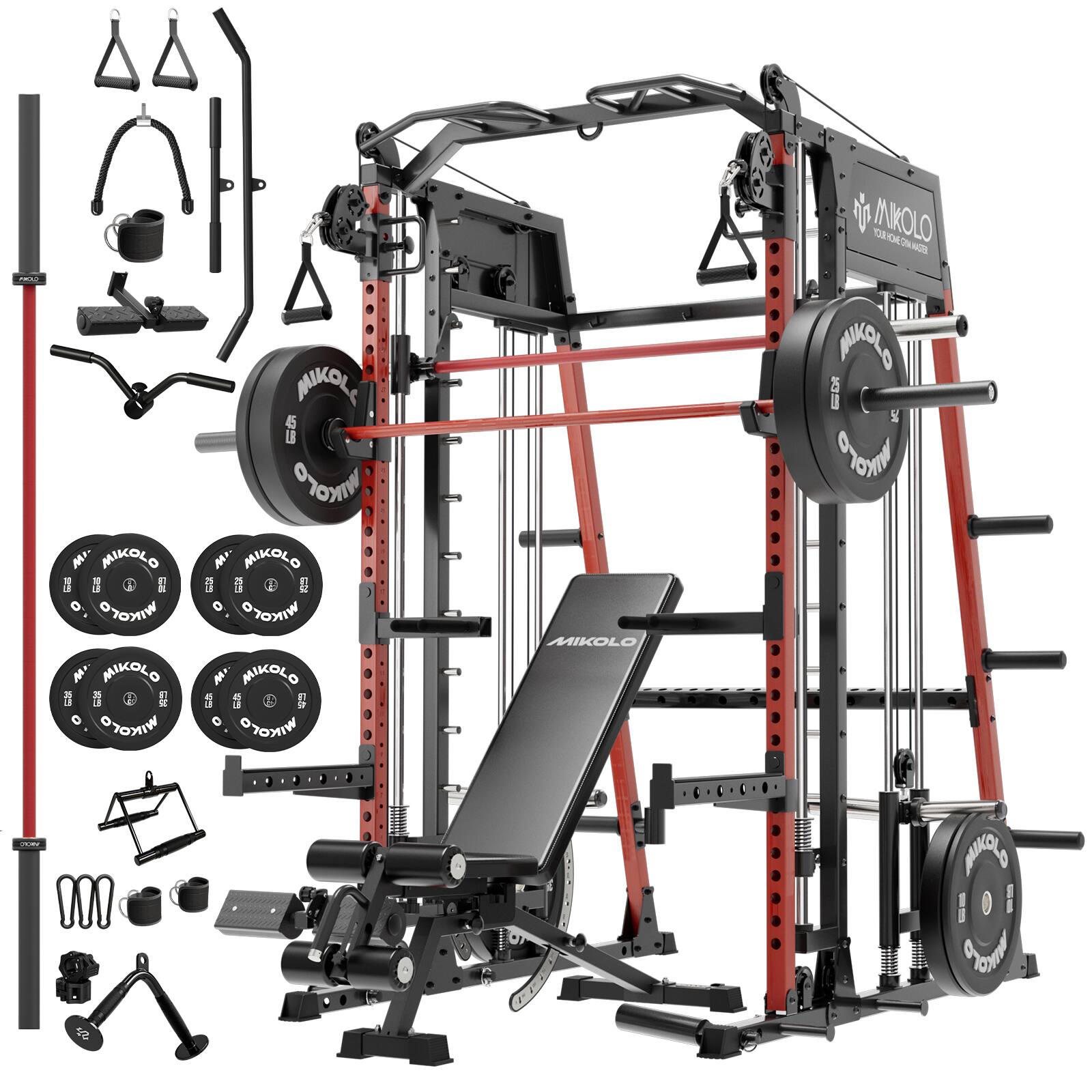 Mikolo - M4 2.0 Smith Machine, All-in-One Home Gym Power Cage with LAT Pulldown & Cable Crossover, Squat Rack for Body Workouts - Red