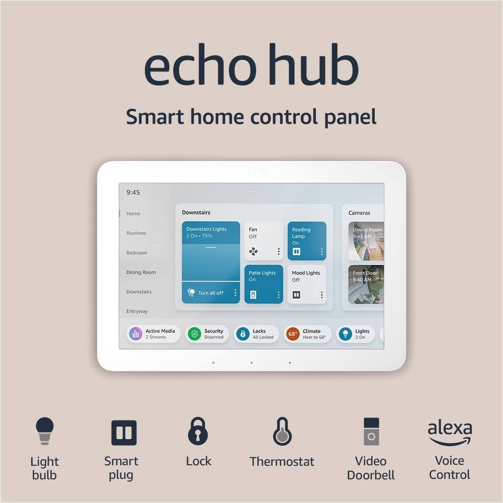 echo hub
Smart home control panel
9:45 AM
Home
Downstairs
Routines
Bedroom
Dining Room
Downstairs
Entryway
Downstairs Lights
2 On - 75%
Reading Lamp
On
Dining Room Lights
On
Mood Lights
Off
Front Door
9:40 AM
Turn all off
Active Media
2 Streams
Security
Disarmed
6 Locks
All Locked
Climate
68°
Heat to 68°
Lights
2 On
Cameras
Dining Room
9:45 AM
Reading Room
9:45 AM
Front Door
9:40 AM
Light bulb
Smart plug
Lock
Thermostat
Video Doorbell
Voice Control