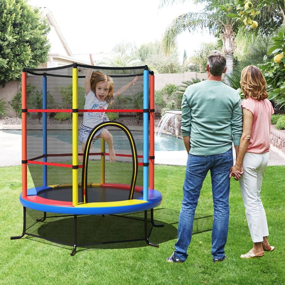 Left. Kadyn - Kids Trampoline, Outdoor Jumper,55 Inch Kids Recreational Trampoline Bouncing Jumping Mat with Enclosure Net-Yellow.