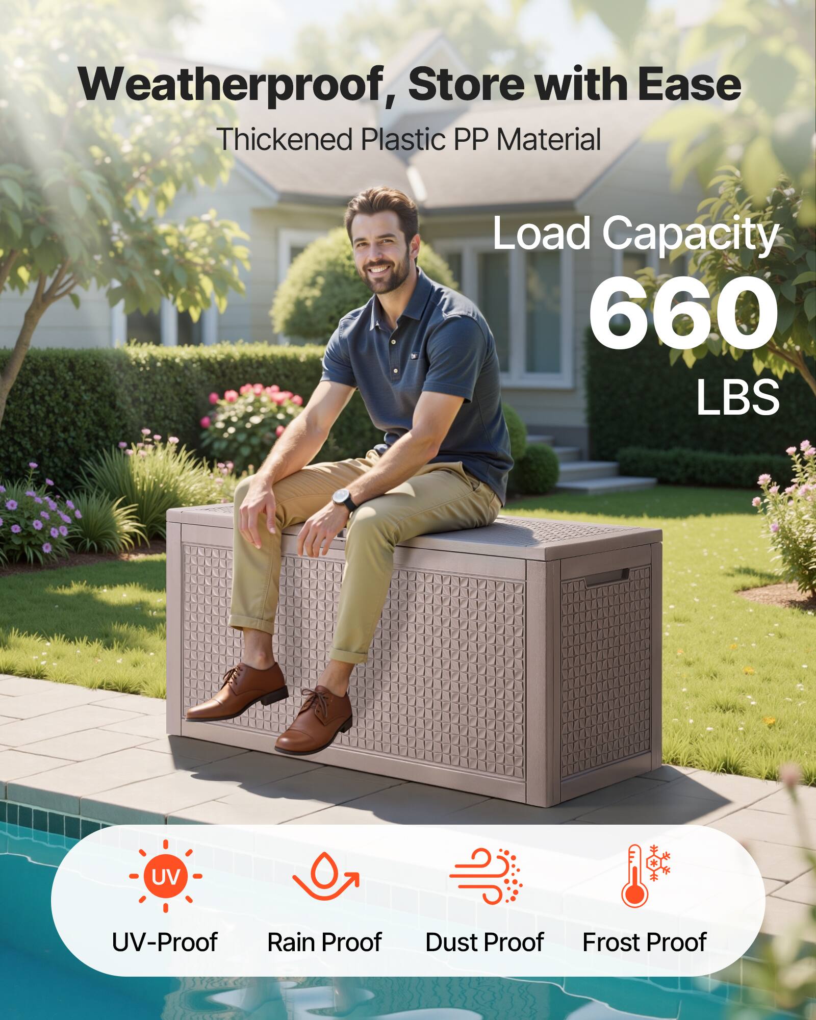 Weatherproof, Store with Ease  
Thickened Plastic PP Material  
Load Capacity 660 LBS  

UV-Proof  
Rain Proof  
Dust Proof  
Frost Proof