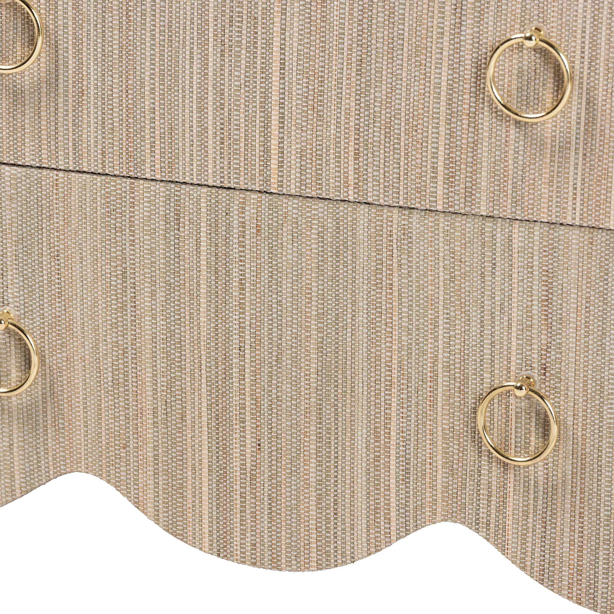 Alt View 2. bali & pari - Umika Grasscloth Nightstand with Scalloped Base - 3-Drawer Accent Chest with Gold Ring Pulls, Bedroom Storage Table - Beige/Gold.