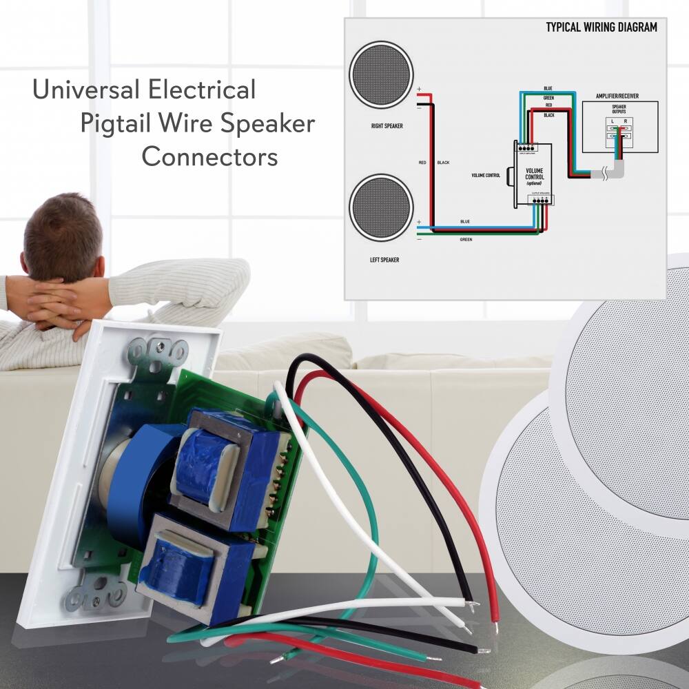 Universal Electrical Pigtail Wire Speaker Connectors

TYPICAL WIRING DIAGRAM

RIGHT SPEAKER
- RED
- BLACK
- BLUE
- GREEN

VOLUME CONTROL

AMPLIFIER/RECEIVER
- L
- R

LEFT SPEAKER
- RED
- BLACK
- BLUE
- GREEN