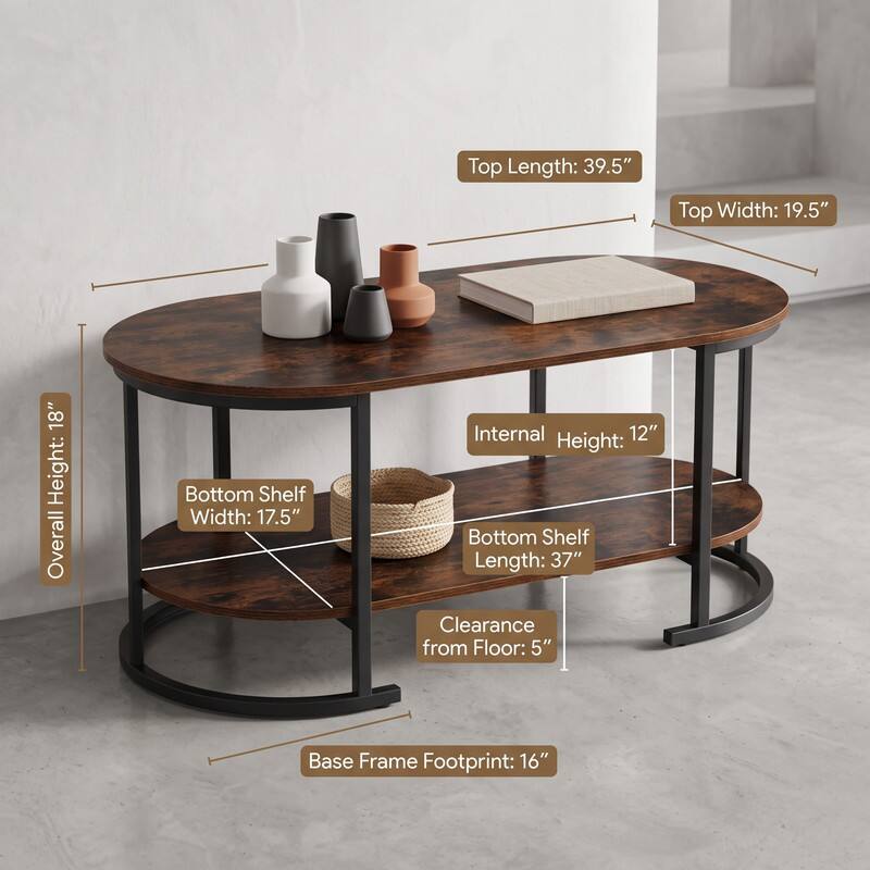 Top Length: 39.5"  
Top Width: 19.5"  
Overall Height: 18"  
Bottom Shelf Width: 17.5"  
Internal Height: 12"  
Bottom Shelf Length: 37"  
Clearance from Floor: 5"  
Base Frame Footprint: 16"