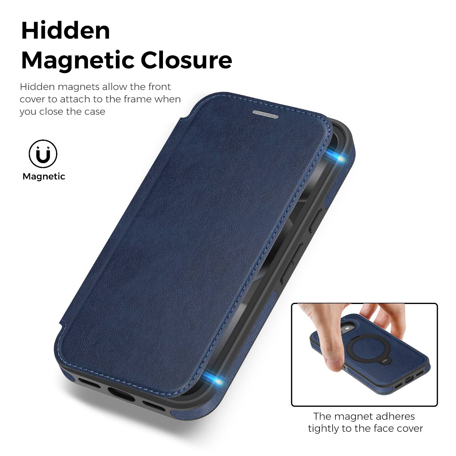 Hidden Magnetic Closure

Hidden magnets allow the front cover to attach to the frame when you close the case

Magnetic

The magnet adheres tightly to the face cover