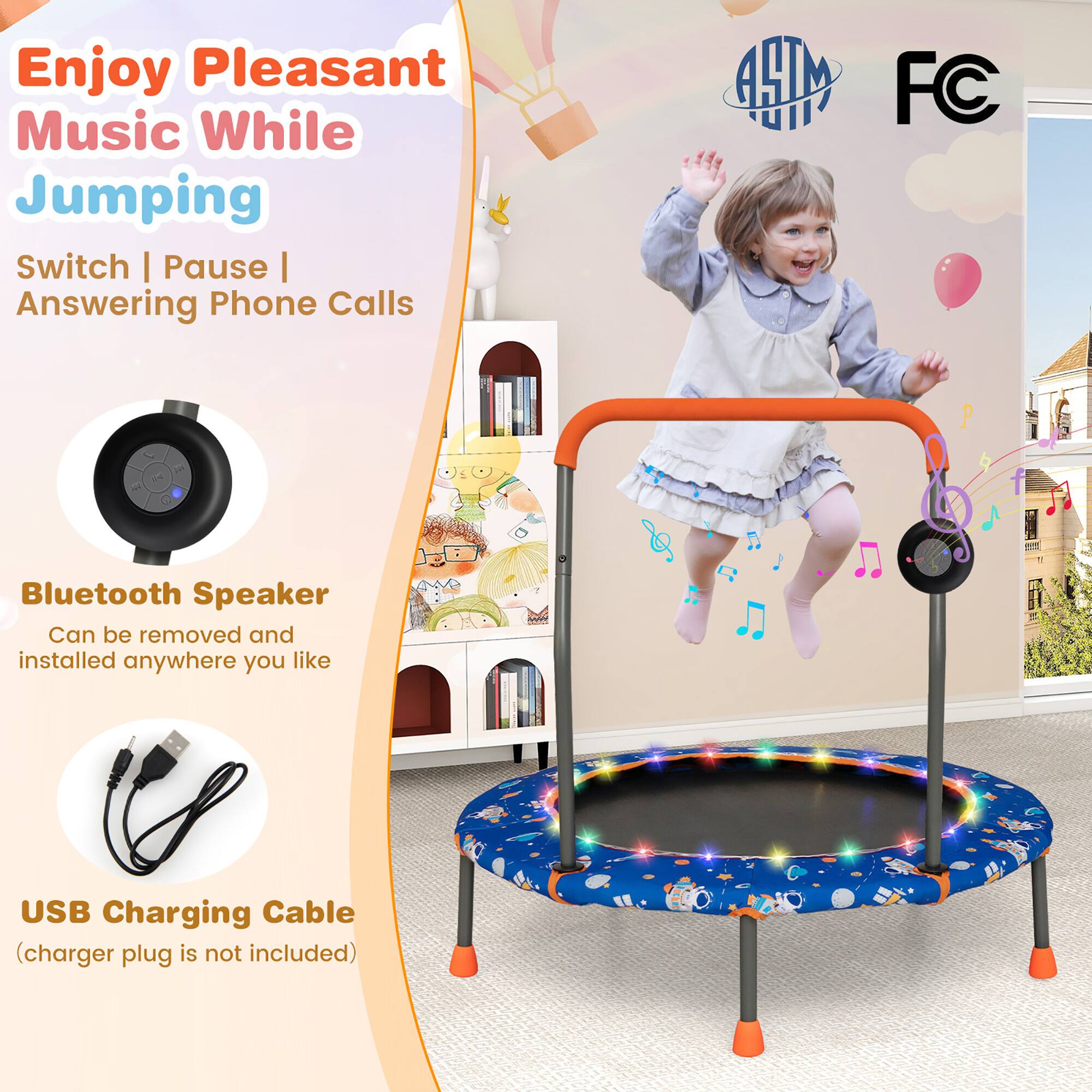 Enjoy Pleasant Music While Jumping

Switch | Pause | Answering Phone Calls

Bluetooth Speaker
Can be removed and installed anywhere you like

USB Charging Cable
(charger plug is not included)