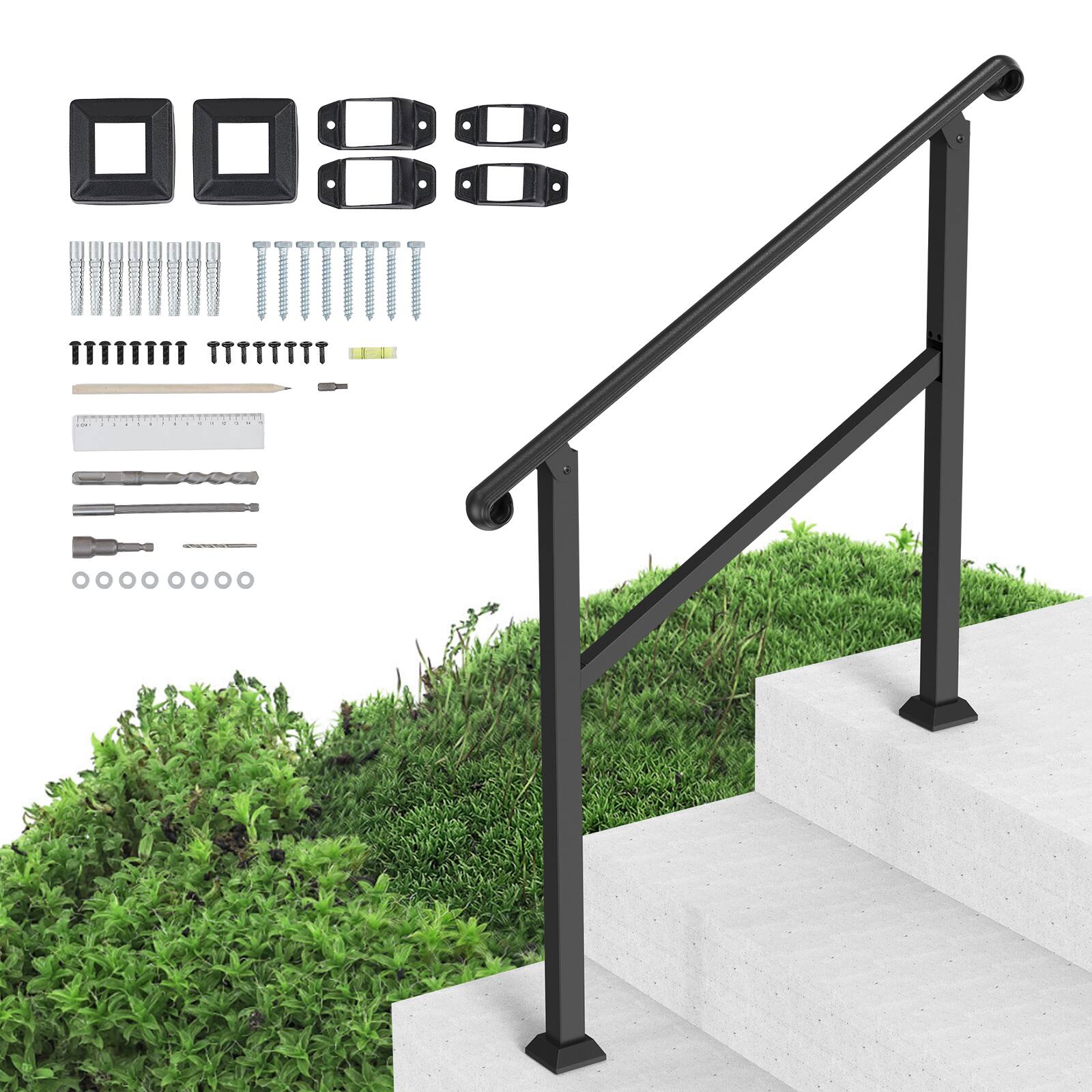 VEVOR - Handrails for Outdoor Steps, 2-3 Step Stair Hand Rail & Indoor Railing Kit, Railings - Black