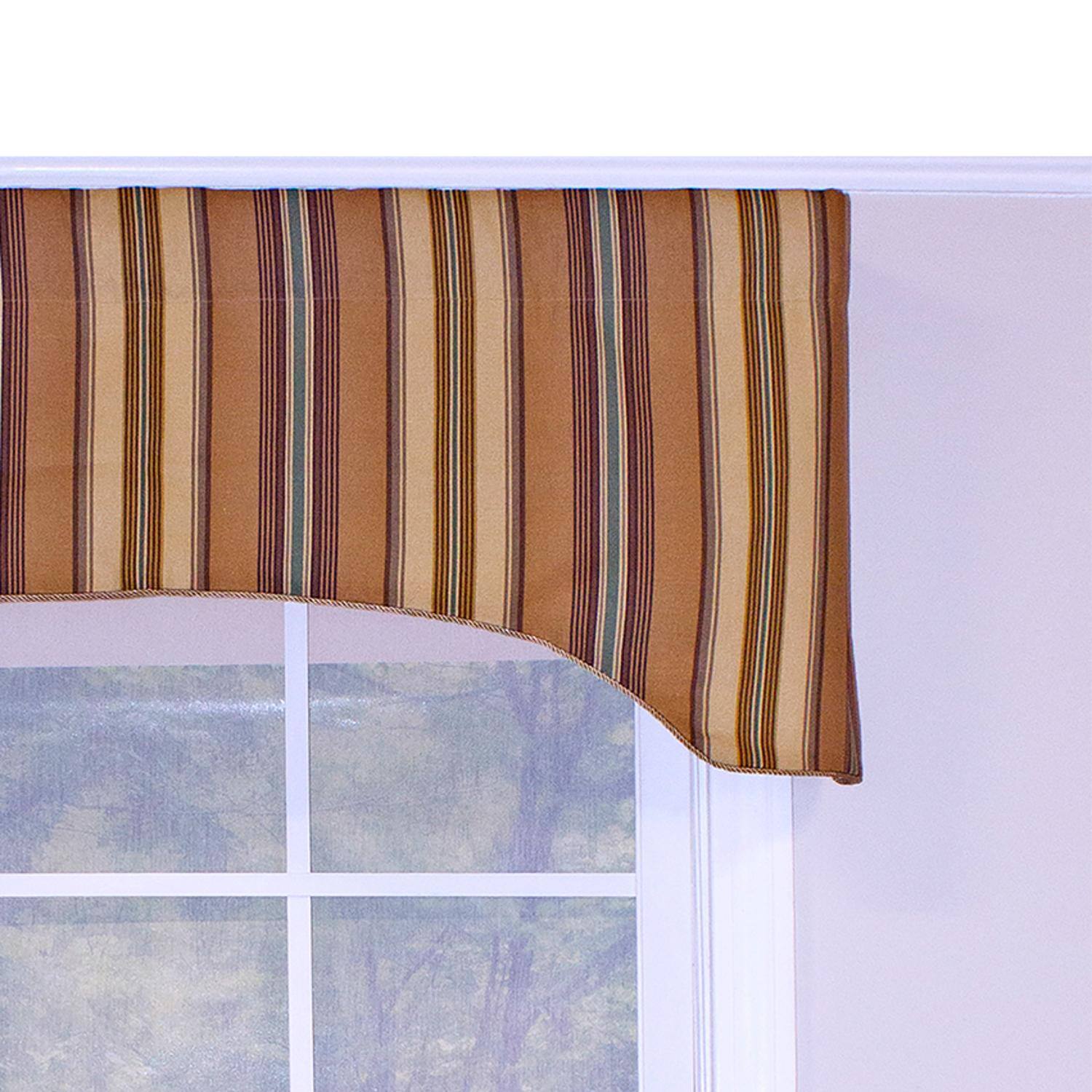 Left. RLF Home - RLF Home Daria Stripe Corded Arch 100% Cotton with Fully Lined 3" Rod Pocket Valnance for Windows 50" x 17" Saddle - Saddle.