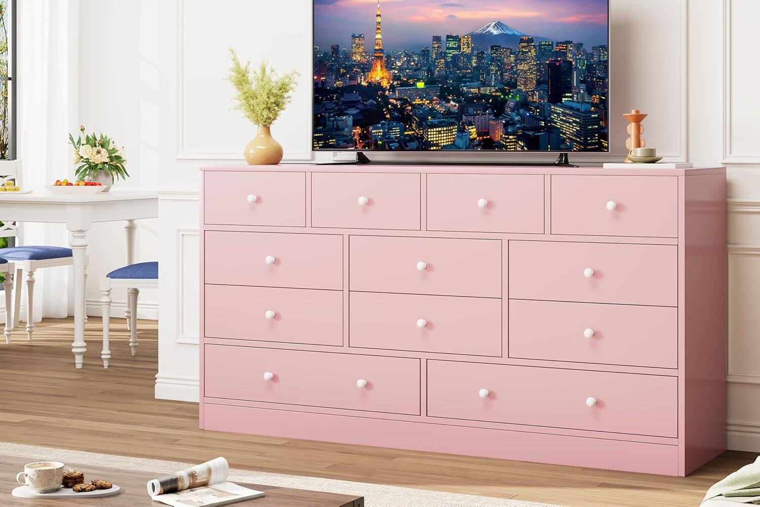 Left. GARVEE - 12 Drawer Dresser for Bedroom, 61 Inch Wood Dresser with Power Outlet, Wide Chest of Drawers for Living Room, Hallway - ‎Pink.