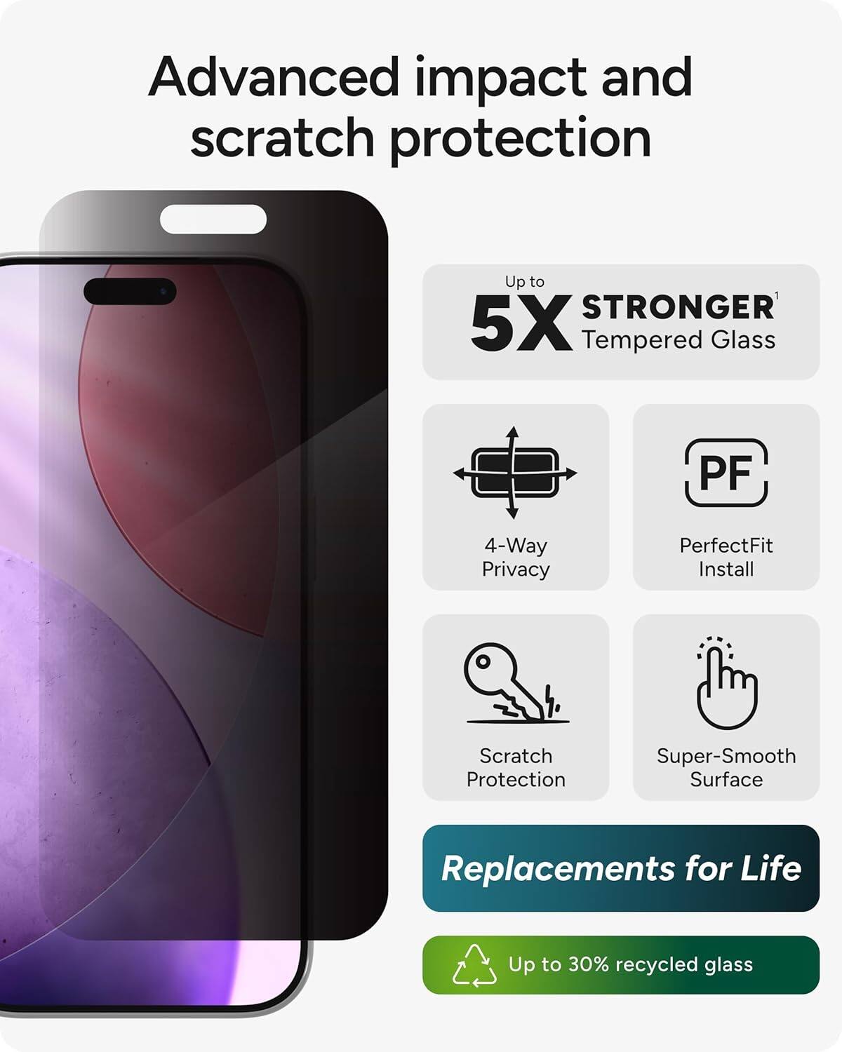 Advanced impact and scratch protection

Up to 5X STRONGER Tempered Glass

4-Way Privacy

PerfectFit Install

Scratch Protection

Super-Smooth Surface

Replacements for Life

Up to 30% recycled glass