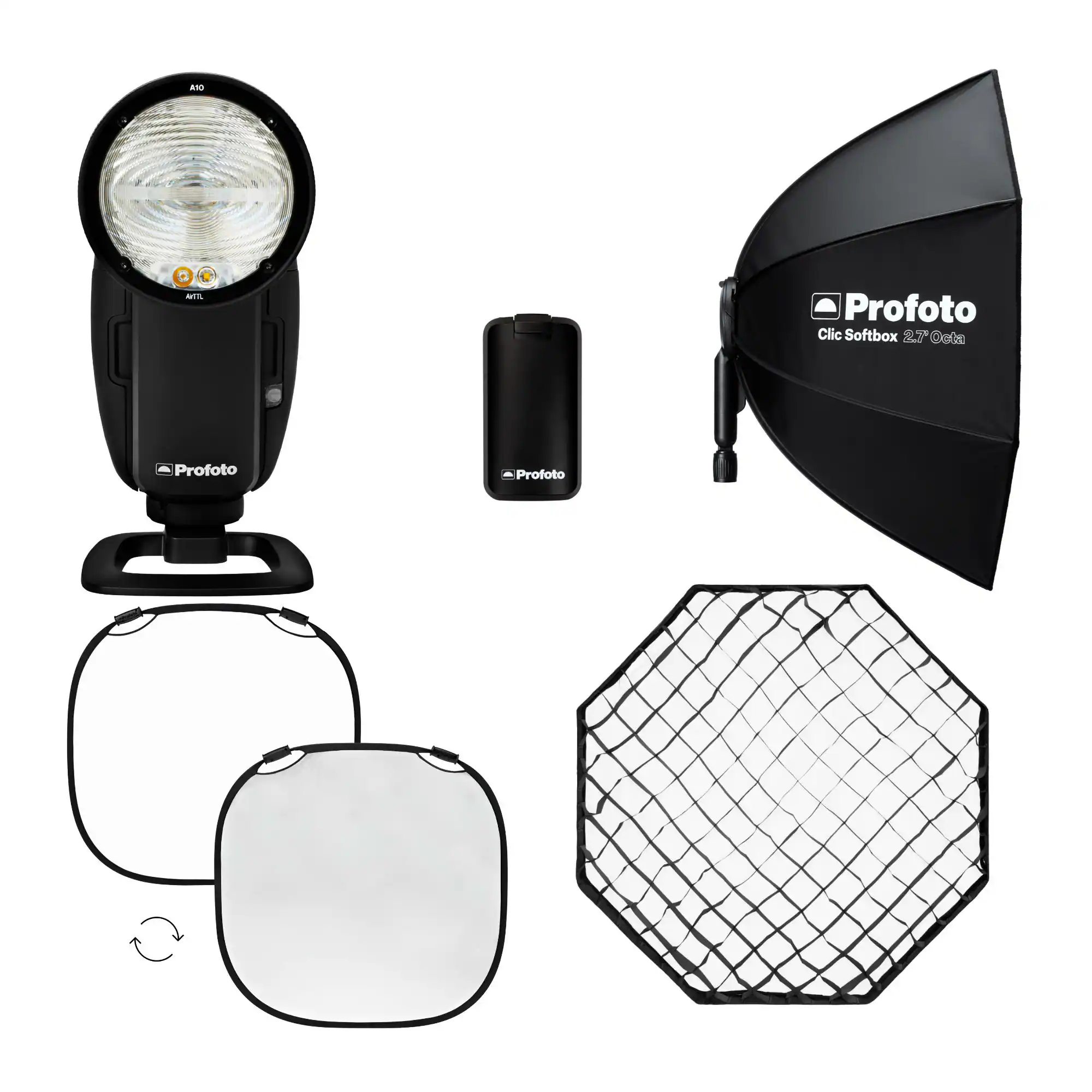 Profoto A10  
Profoto Clic Softbox 2.7° Octa  
Profoto Protoco