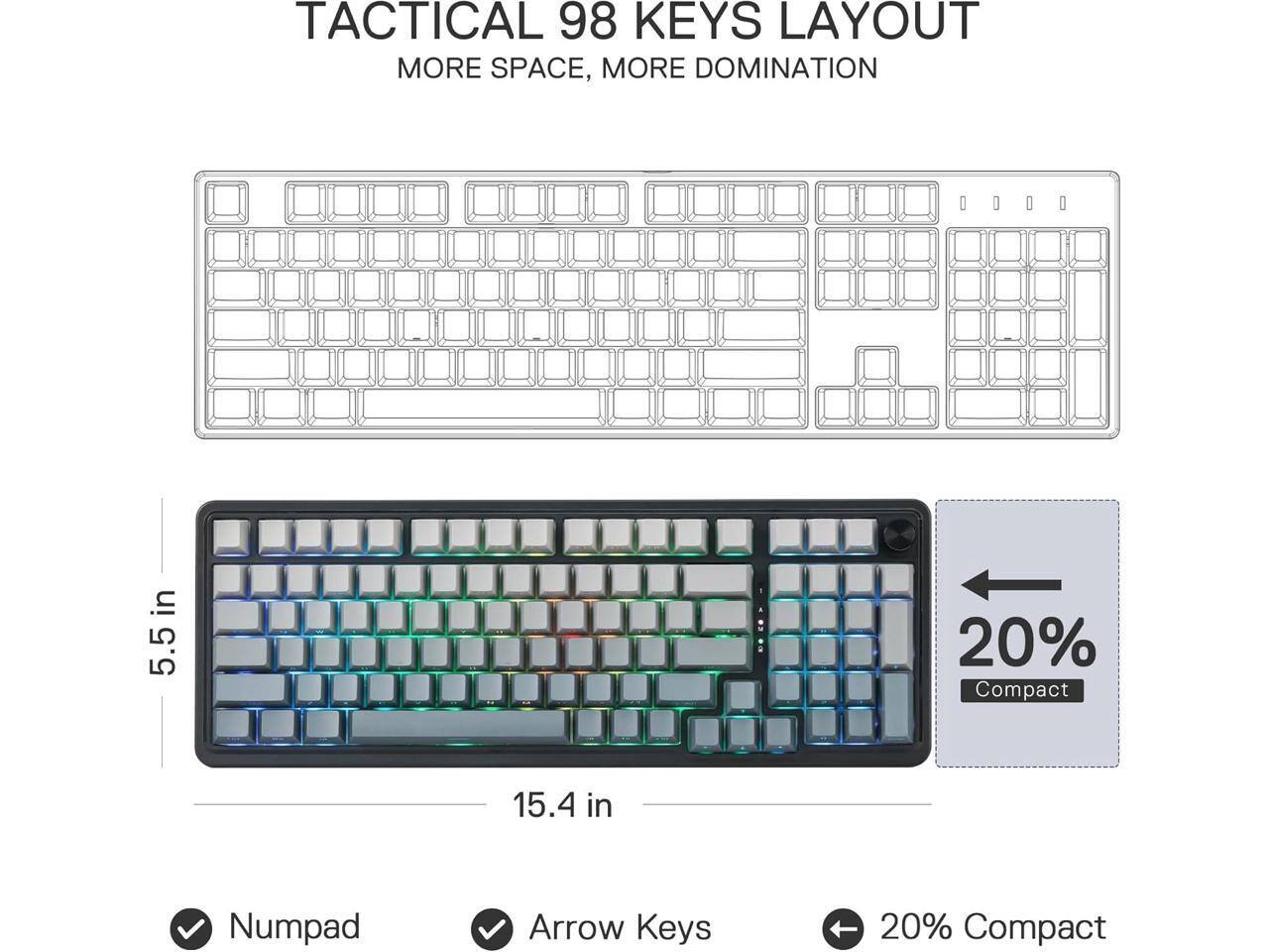 TACTICAL 98 KEYS LAYOUT  
MORE SPACE, MORE DOMINATION

5.5 in  
15.4 in

Numpad  
Arrow Keys  
20% Compact