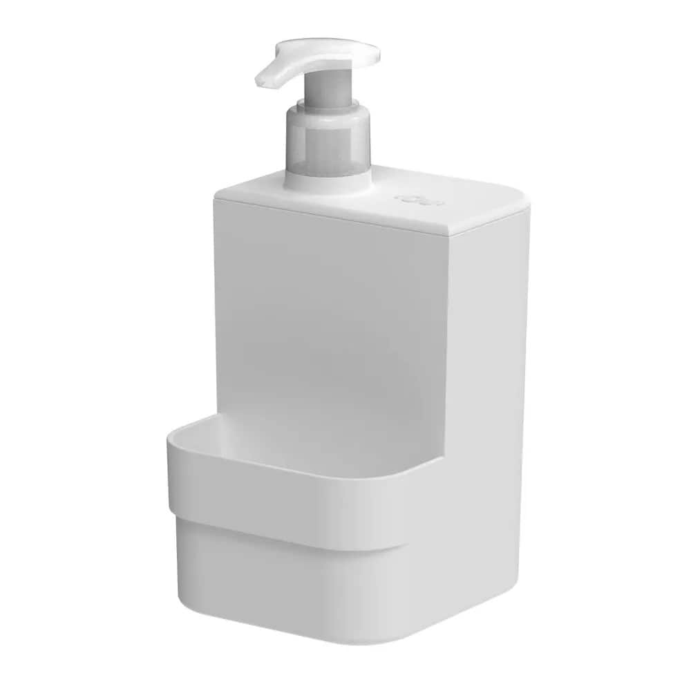 OU - Dish Soap Dispenser with Sponge Holder 16 oz, Kitchen Sink Plastic Soap Dispensing Pump Bottle - White