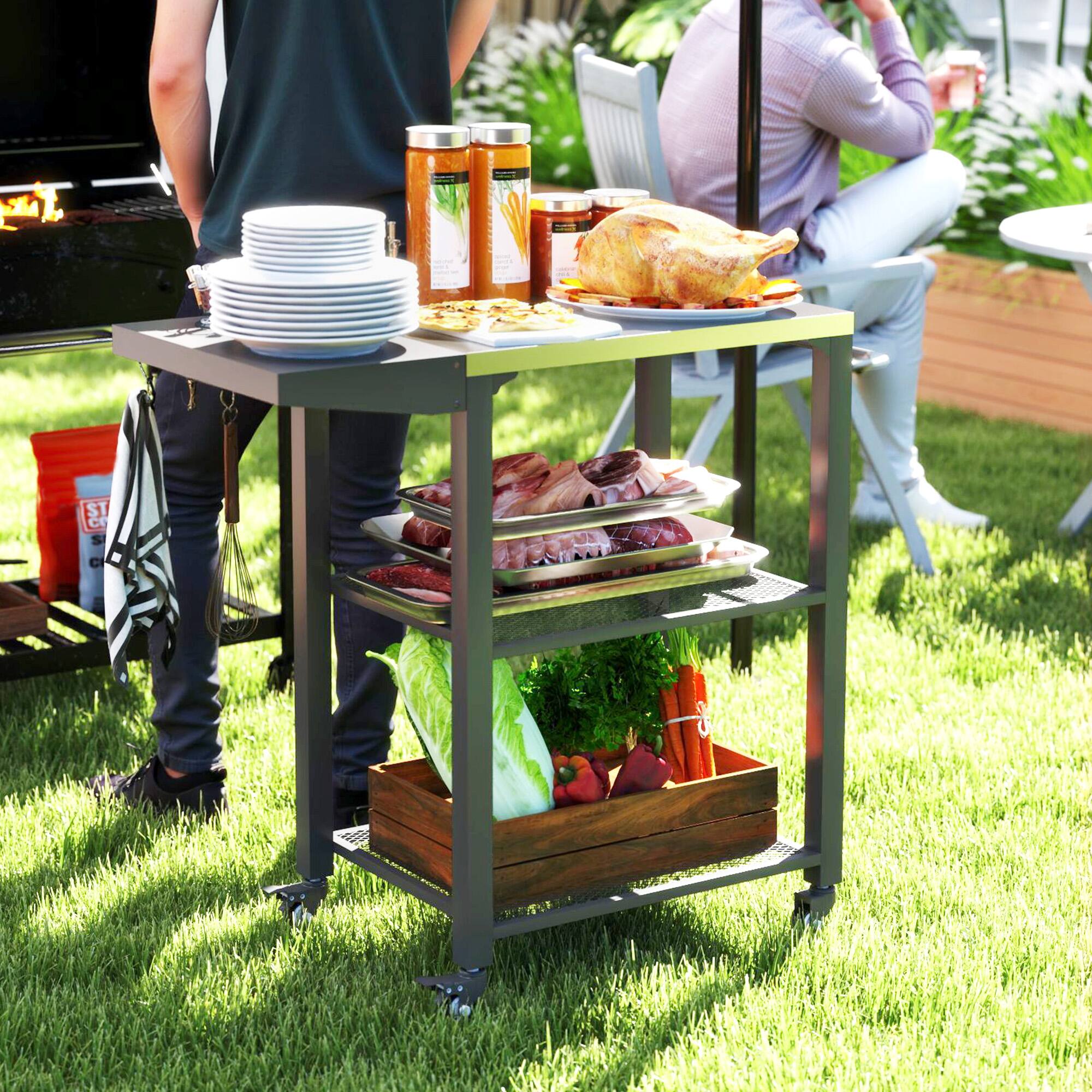 Alt View 1. Outsunny - Three-Shelf Outdoor Grill Cart Table with Foldable Side Table, Stainless Steel Tabletop, 22" x 16.1" Pizza Oven Stand - Silver.