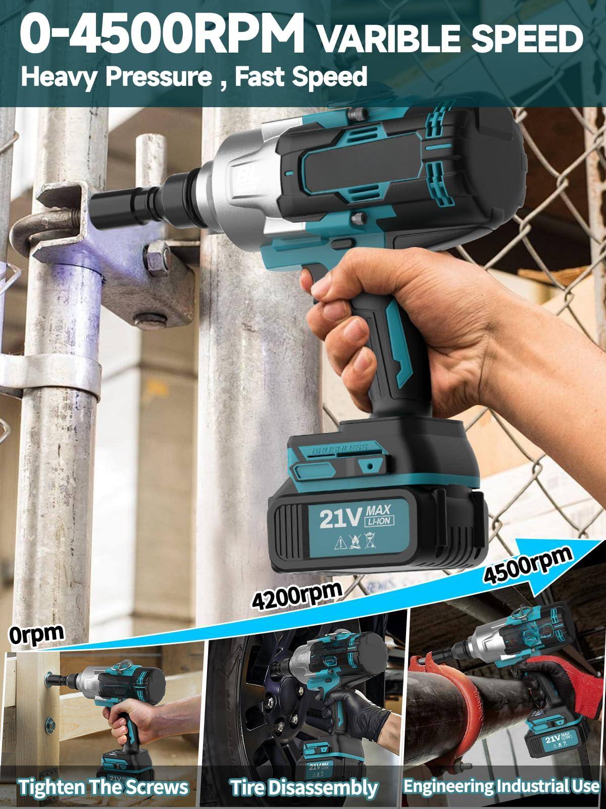 0-4500RPM VARIABLE SPEED  
Heavy Pressure, Fast Speed  

21V MAX LI-ION  

0rpm  
4200rpm  
4500rpm  

Tighten The Screws  
Tire Disassembly  
Engineering Industrial Use