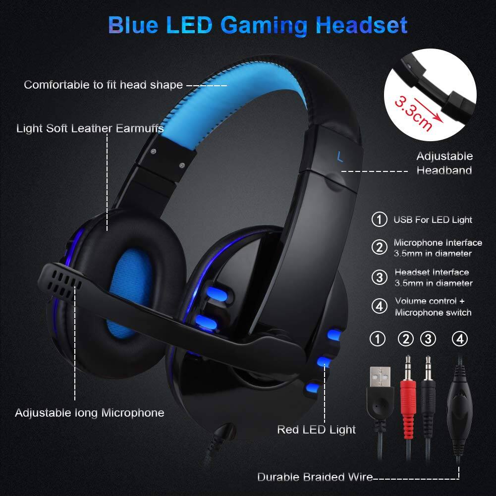 Blue LED Gaming Headset

- Comfortable to fit head shape
- Light Soft Leather Earmuffs
- Adjustable Headband (3.3cm)
- Adjustable long Microphone
- Red LED Light
- Durable Braided Wire

USB For LED Light
Microphone Interface (3.5mm in diameter)
Headset Interface (3.5mm in diameter)
Volume control + Microphone switch