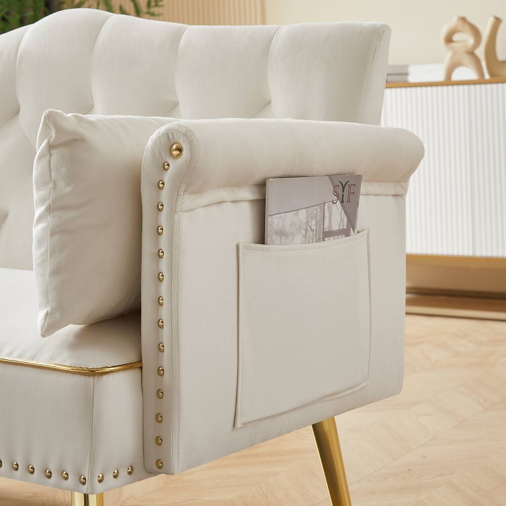 Left. Loheer - Loheer Cream White 2 Seater Sofa Tufted Velvet Loveseat with Gold Metal Legs Small Apartment Couch - Cream White.