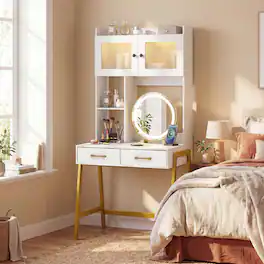 Costway - Vanity Desk with Rotatable Mirror and Lights, Dressing Table with 3 Light Colors - White