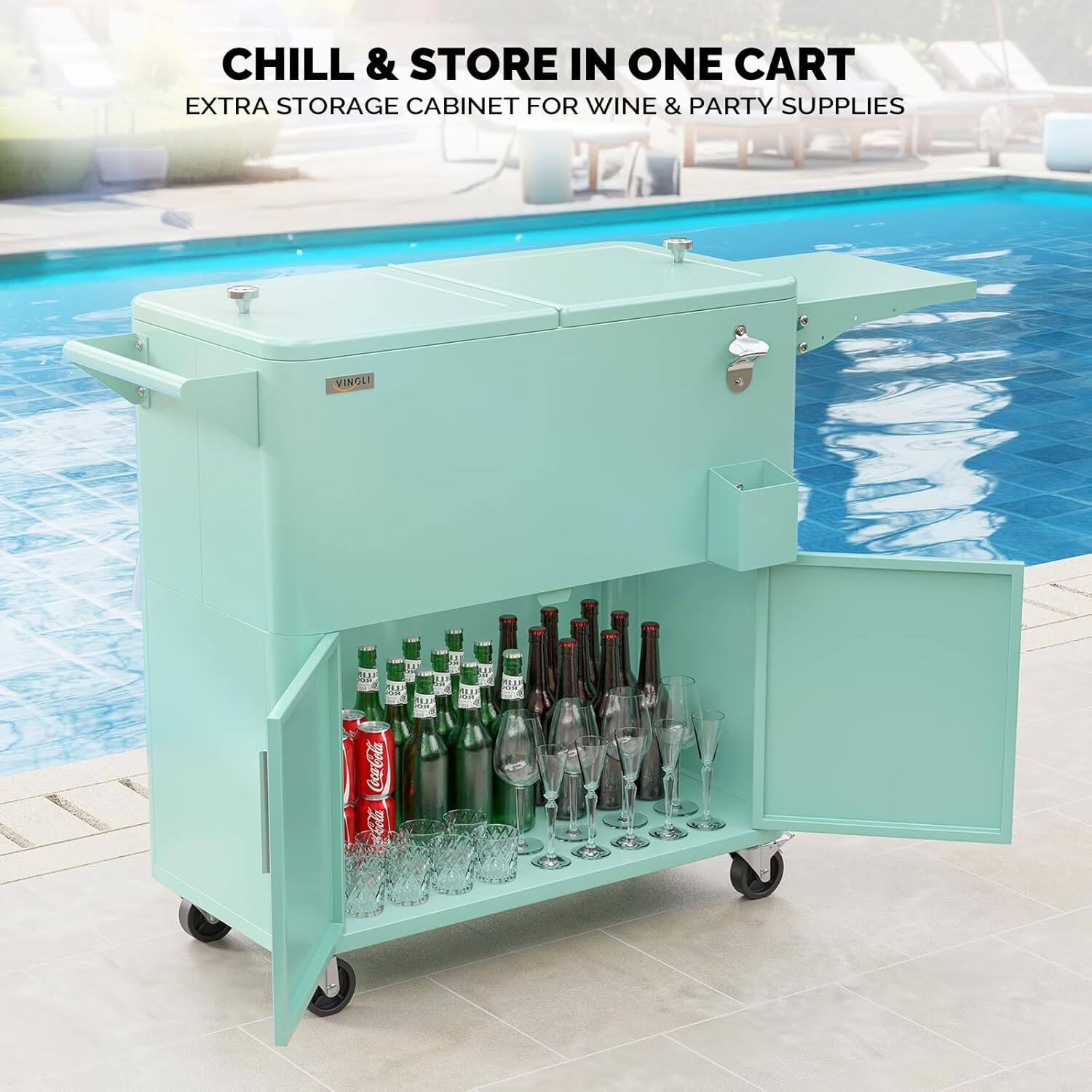 CHILL & STORE IN ONE CART  
EXTRA STORAGE CABINET FOR WINE & PARTY SUPPLIES  
VINGLI Coca-Cola