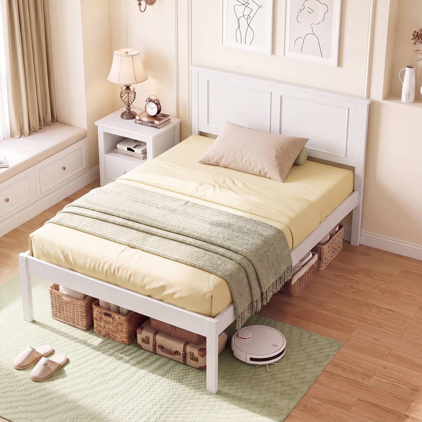 Alt View 1. Gymax - Gymax Twin Size Bed Frame Farmhouse Wooden Platform Bed w/Headboard Under-Bed Storage - White.