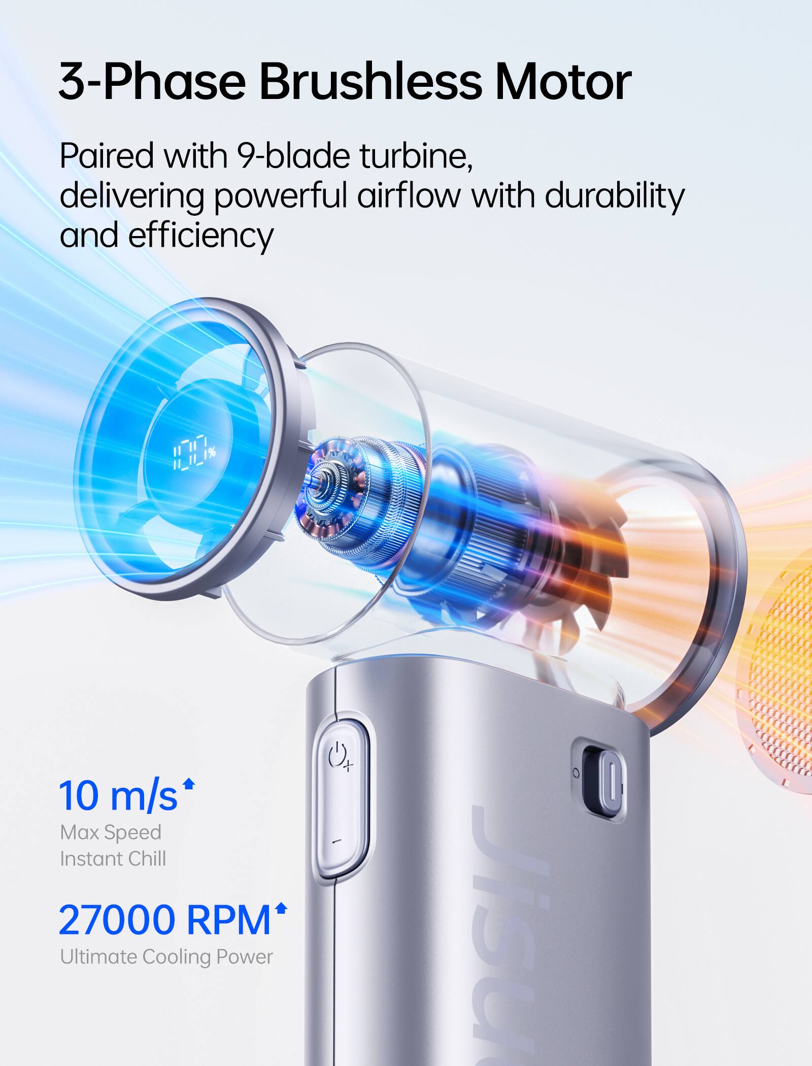 3-Phase Brushless Motor  
Paired with 9-blade turbine, delivering powerful airflow with durability and efficiency  

10 m/s Max Speed Instant Chill  
27000 RPM Ultimate Cooling Power
