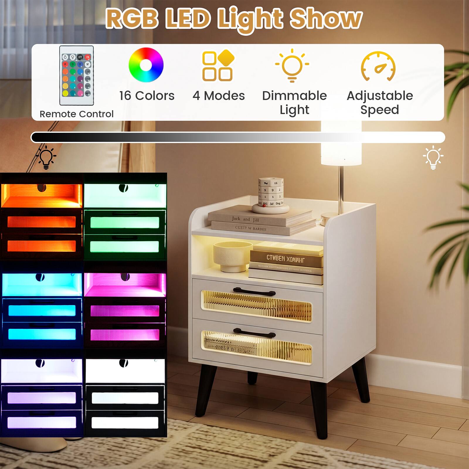 RGB LED Light Show  
16 Colors Remote Control  
4 Modes Dimmable Adjustable Light Speed