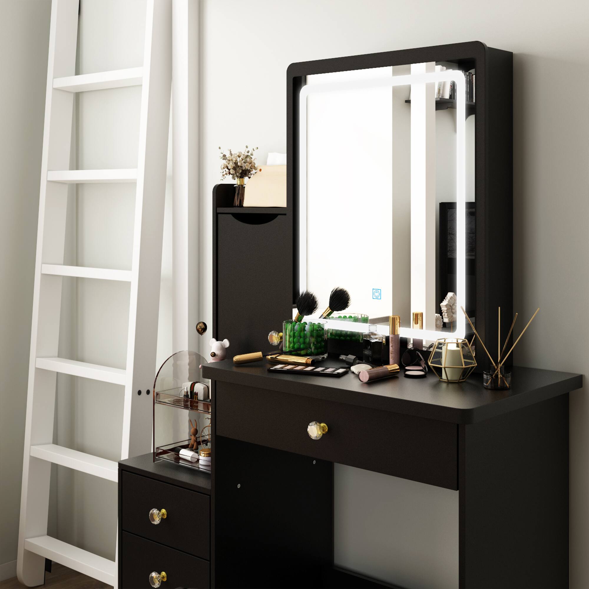 Alt View 4. Famapy - LED Vanity Table Set: Organized Makeup Station with Smart Storage - Black.