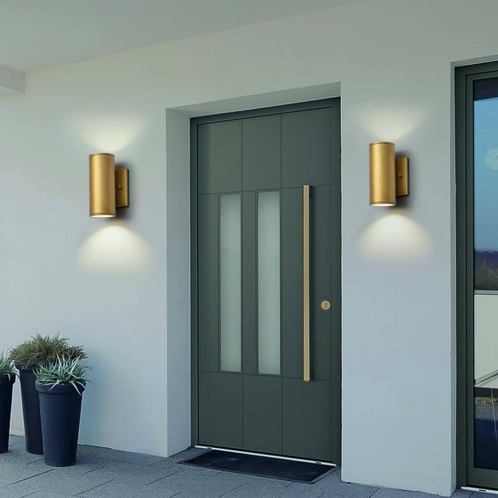 Back. Comfort Essence - Modern Led Outdoor Wall Lights Cylinder Up And Down Exterior Lighting Fixtures Handmade Sconce Mount On Any - 7" Round-Gold.