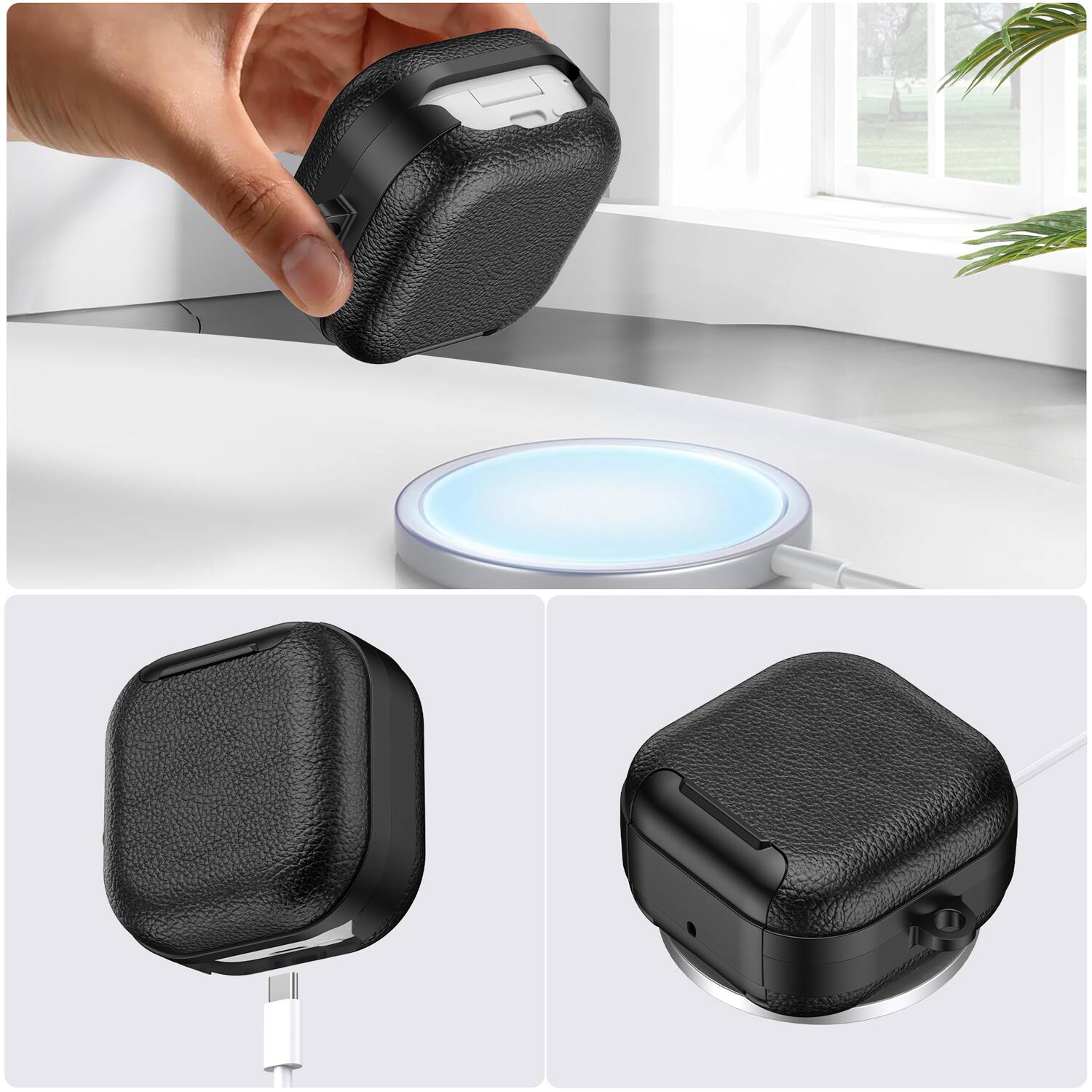 Alt View 1. Dteck - Case for Samsung Galaxy Buds 4 / Buds 4 Pro with Phone Holder & Keychain,Leather Texture Earbuds Cover for Man Women - White Black.